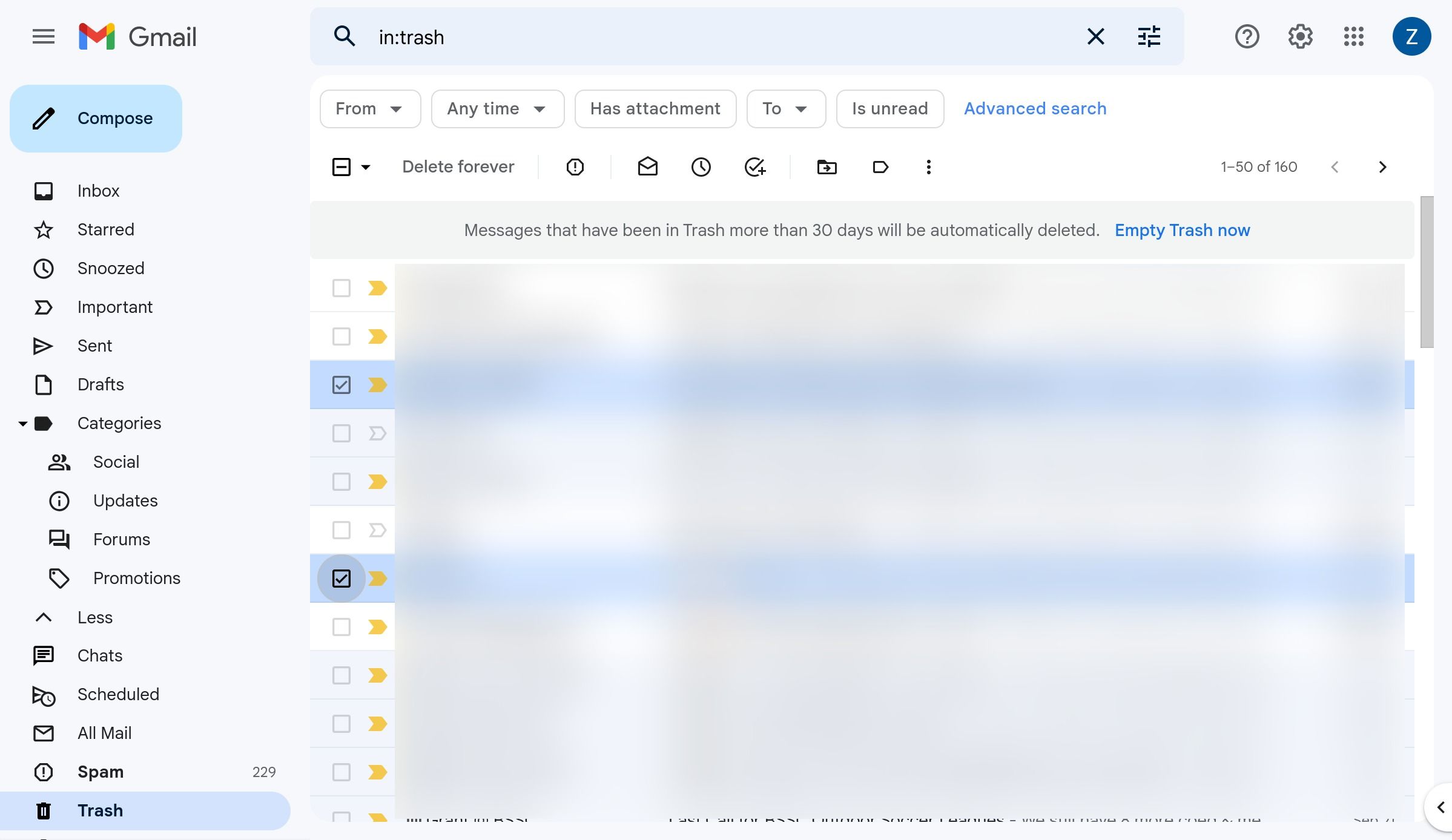 About emails selected in the trash in Gmail on the web.