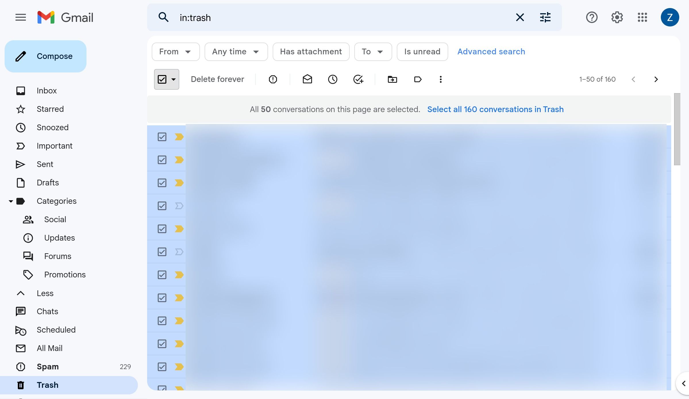 All emails on the first page in the trash selected Gmail on the web.