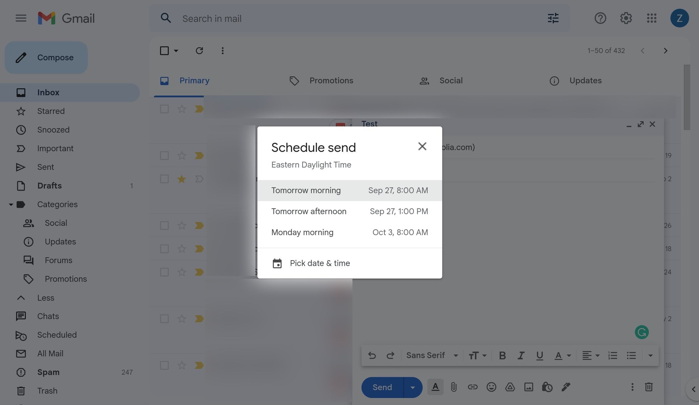 Setting the time for a scheduled email in Gmail on the web