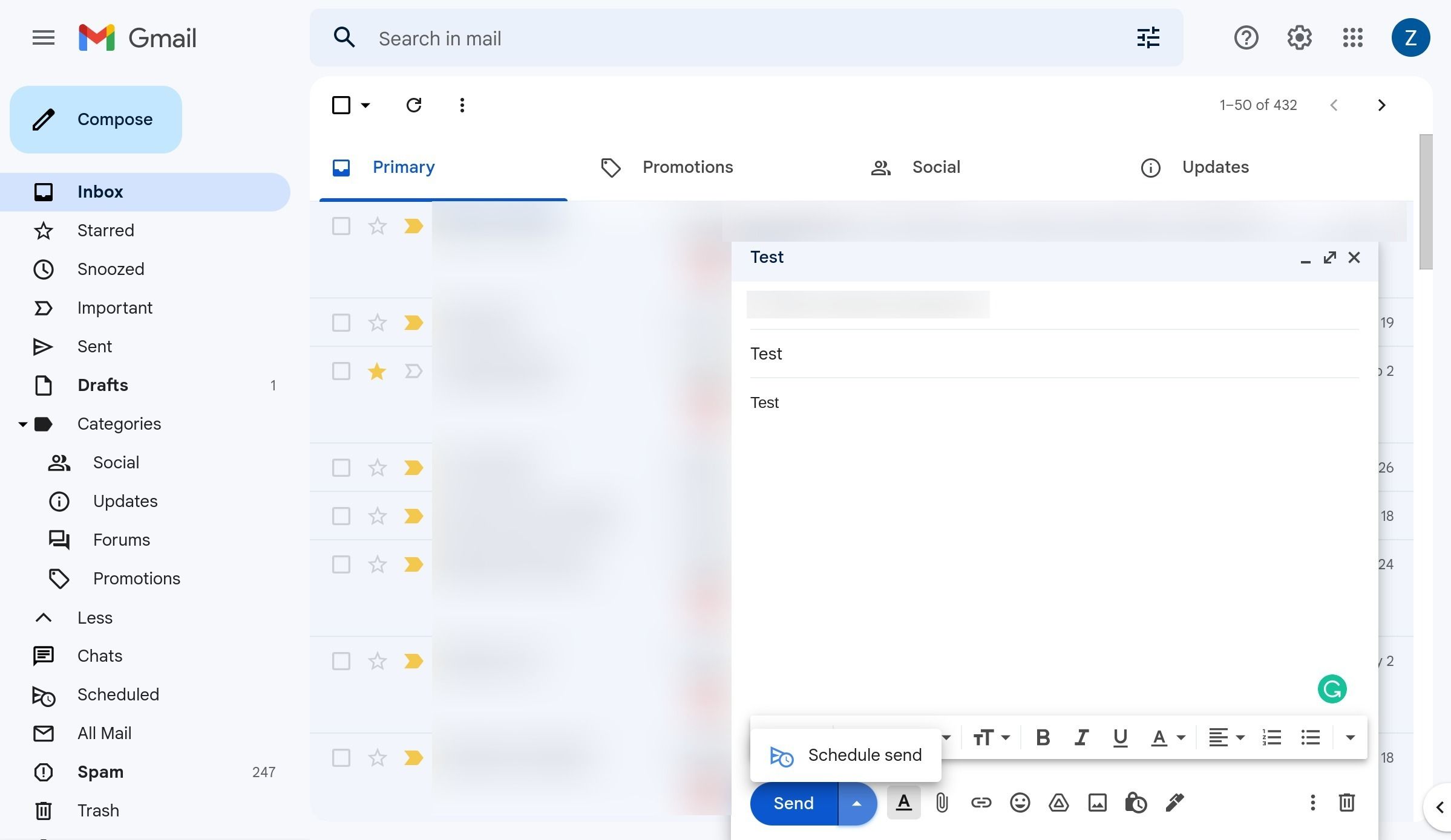 Composing an email in Gmail on the web with the Schedule send button on screen