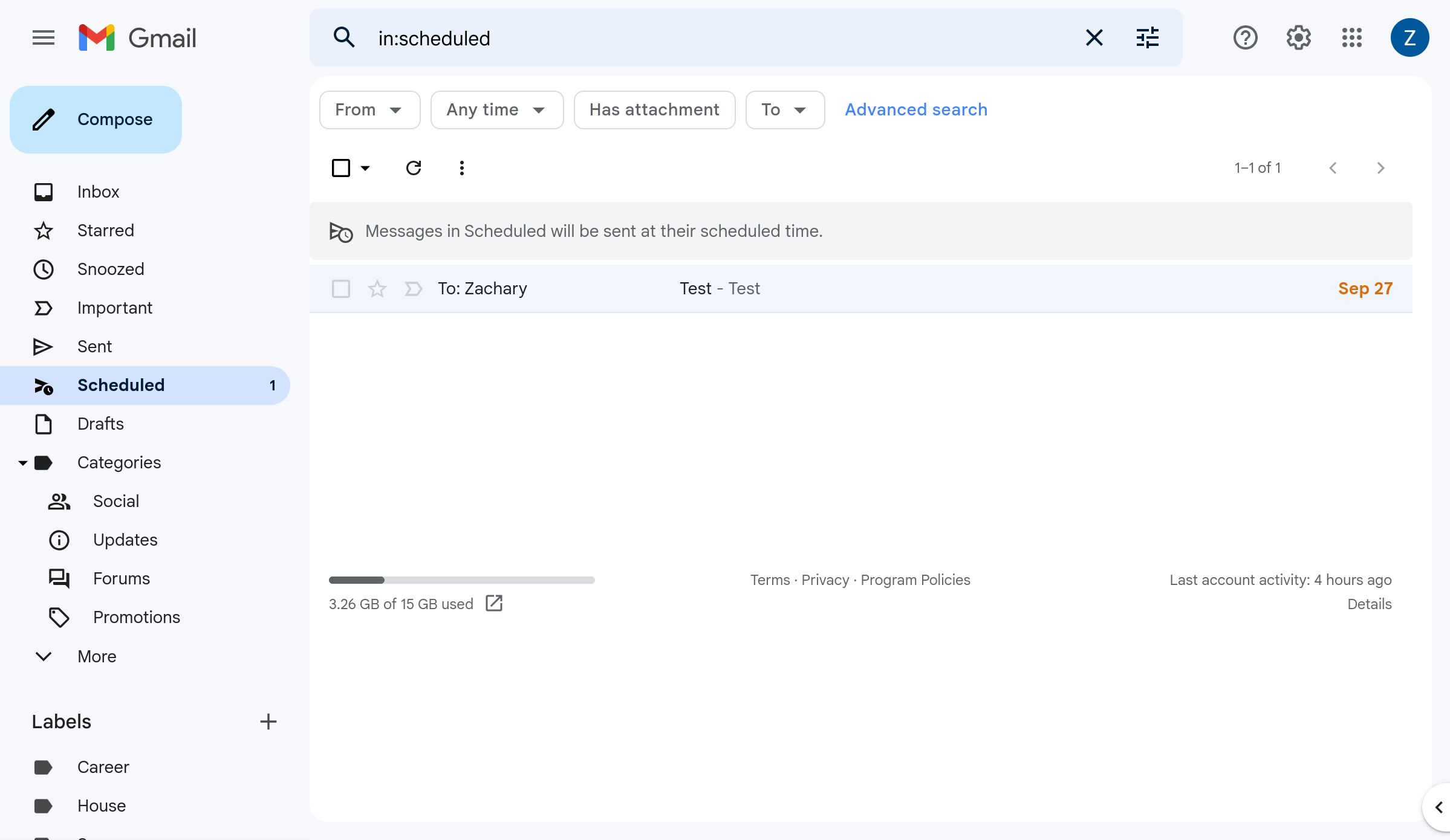 The Scheduled email folder in Gmail on the web