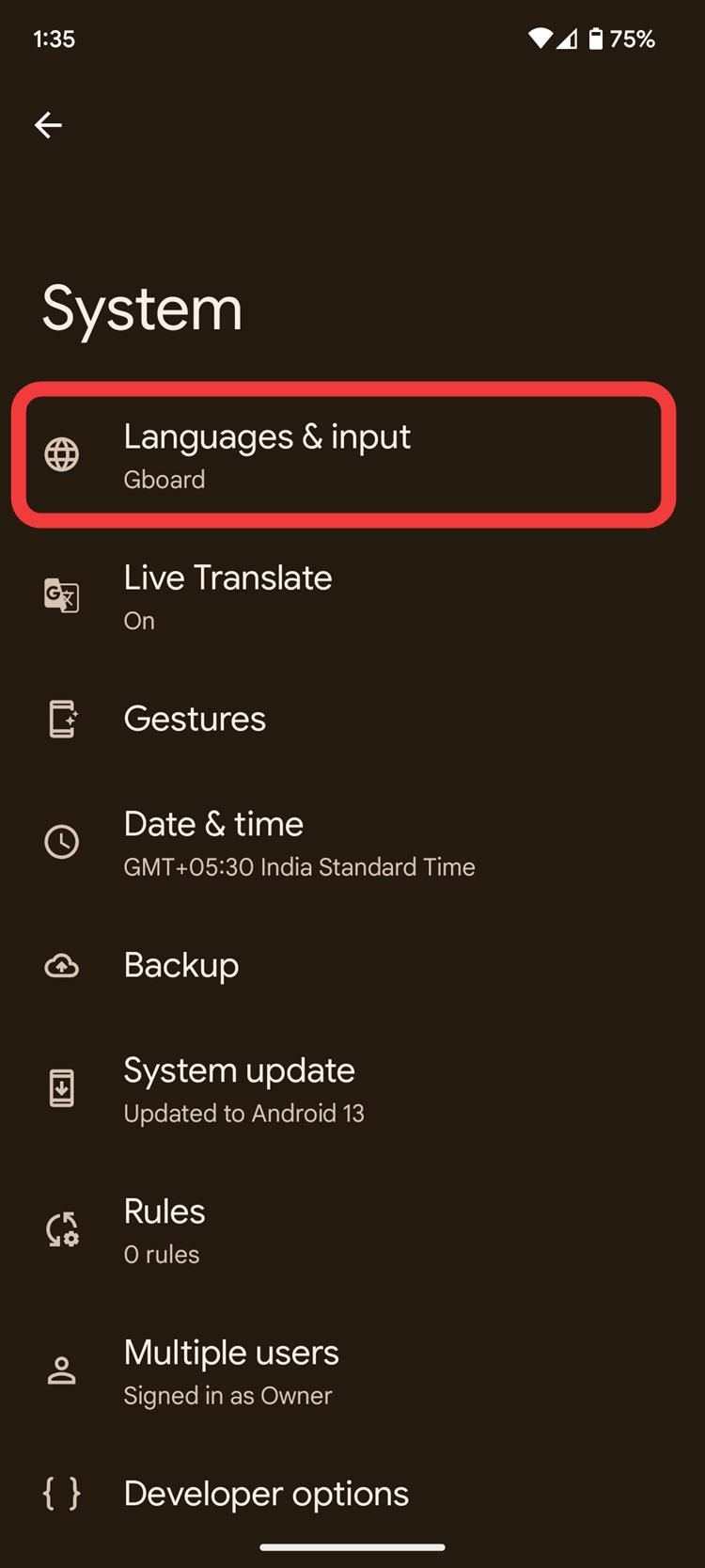 Tangkapan layar opsi bahasa dan input dalam pengaturan sistem di Android