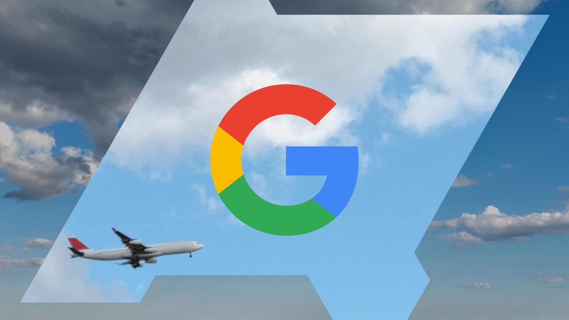 Google logo overlaid on a blue sky with a plane flying within a frame of the Android Police logo