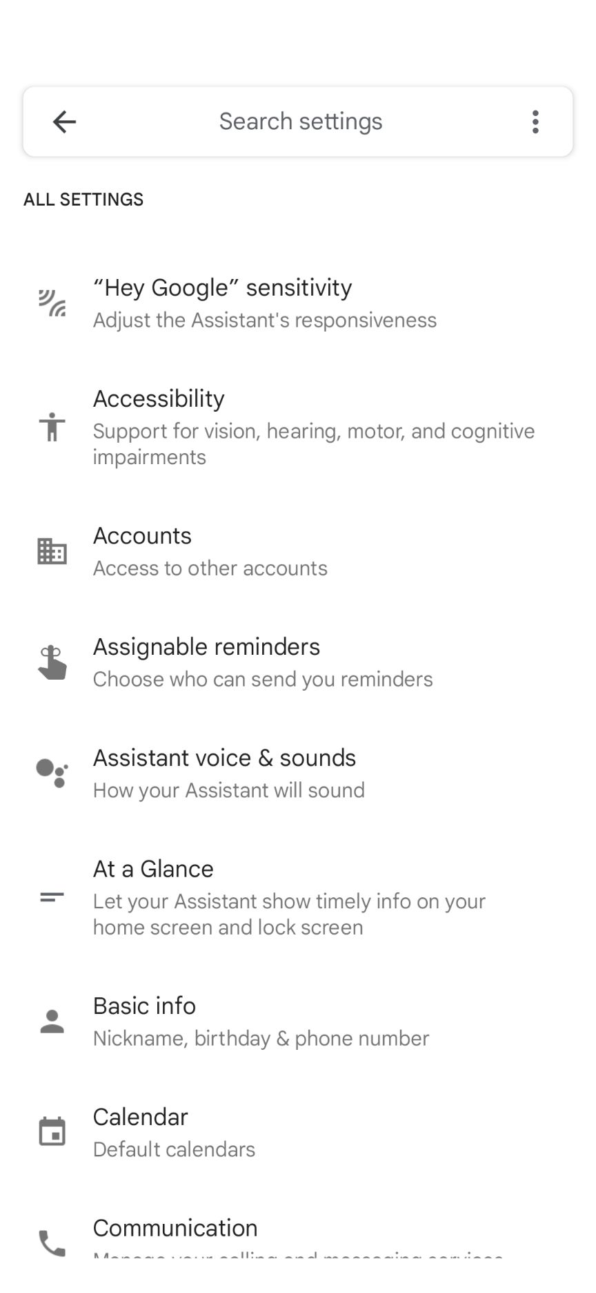 Assistant Settings in the Google Home Android app.