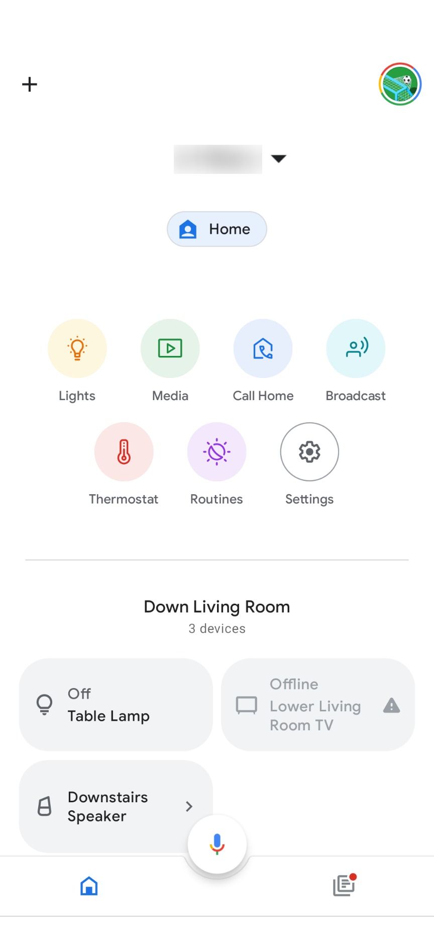 The home screen of the Google Home android app.