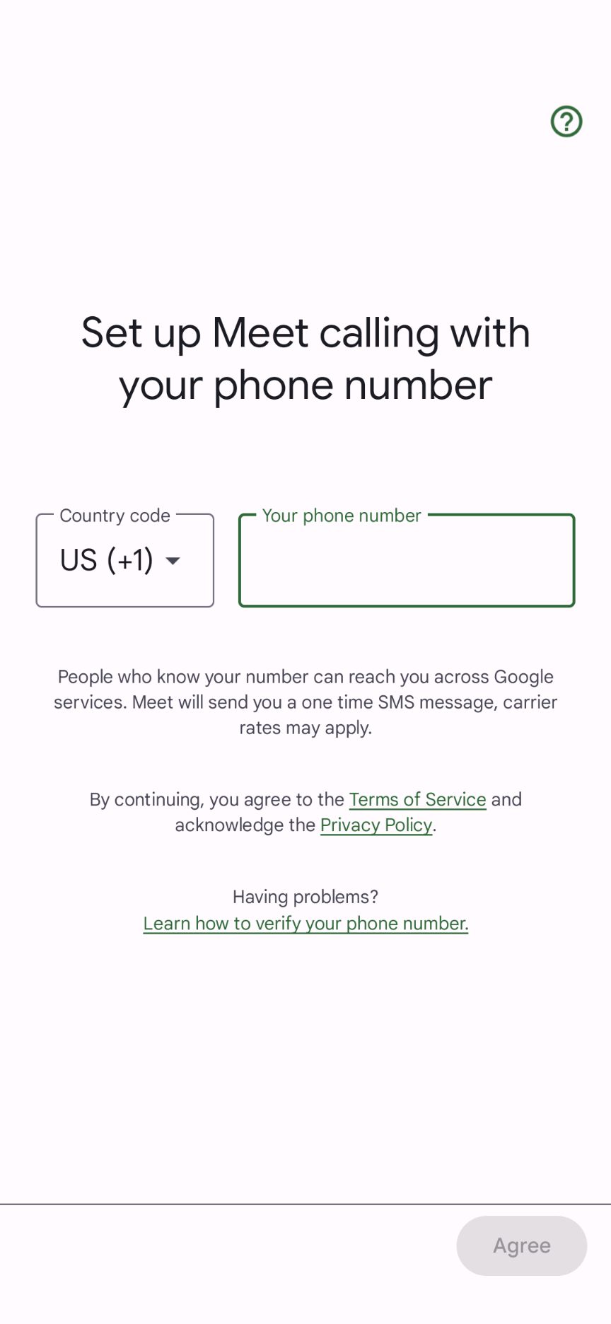 Google Meet enter your phone number to get started.