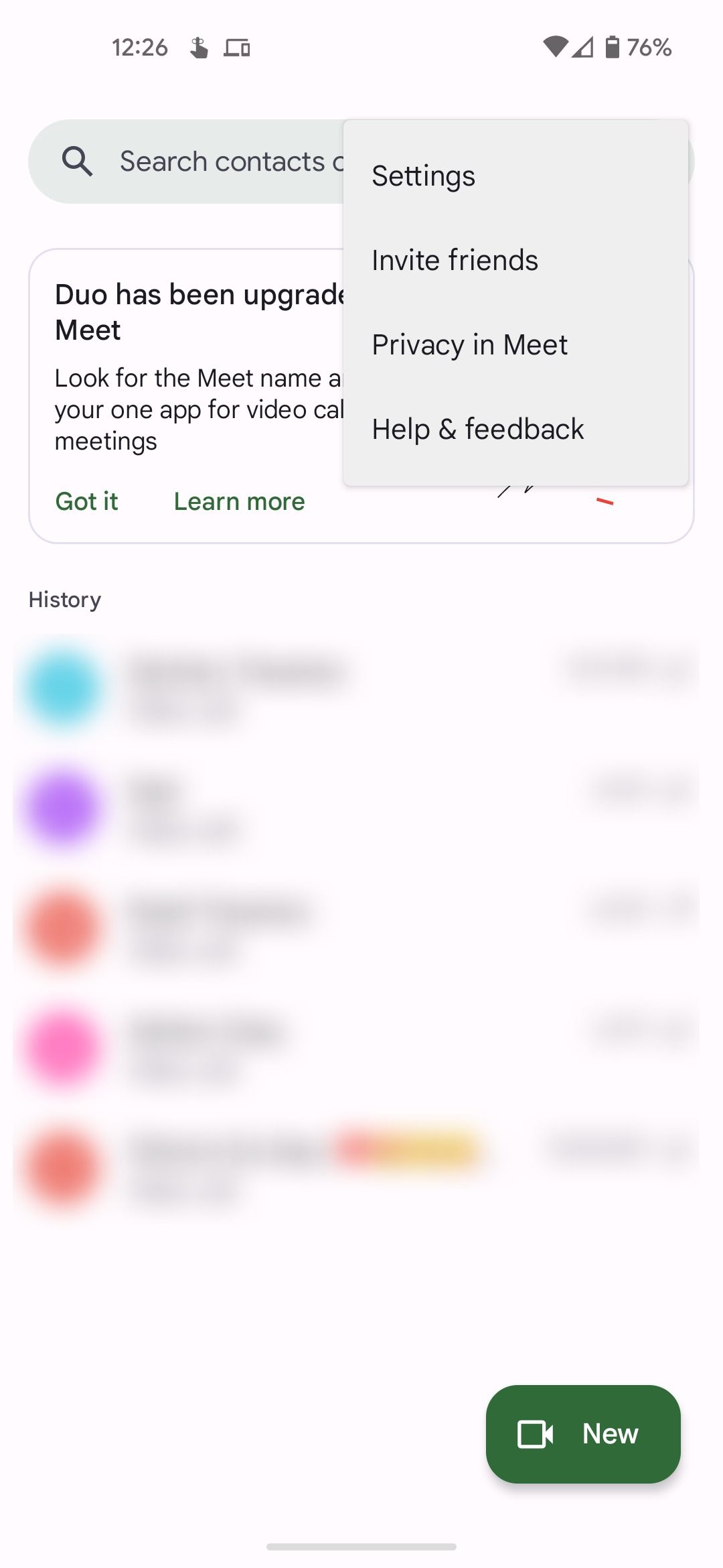 The three dot menu expanded on the Google Meet home screen.