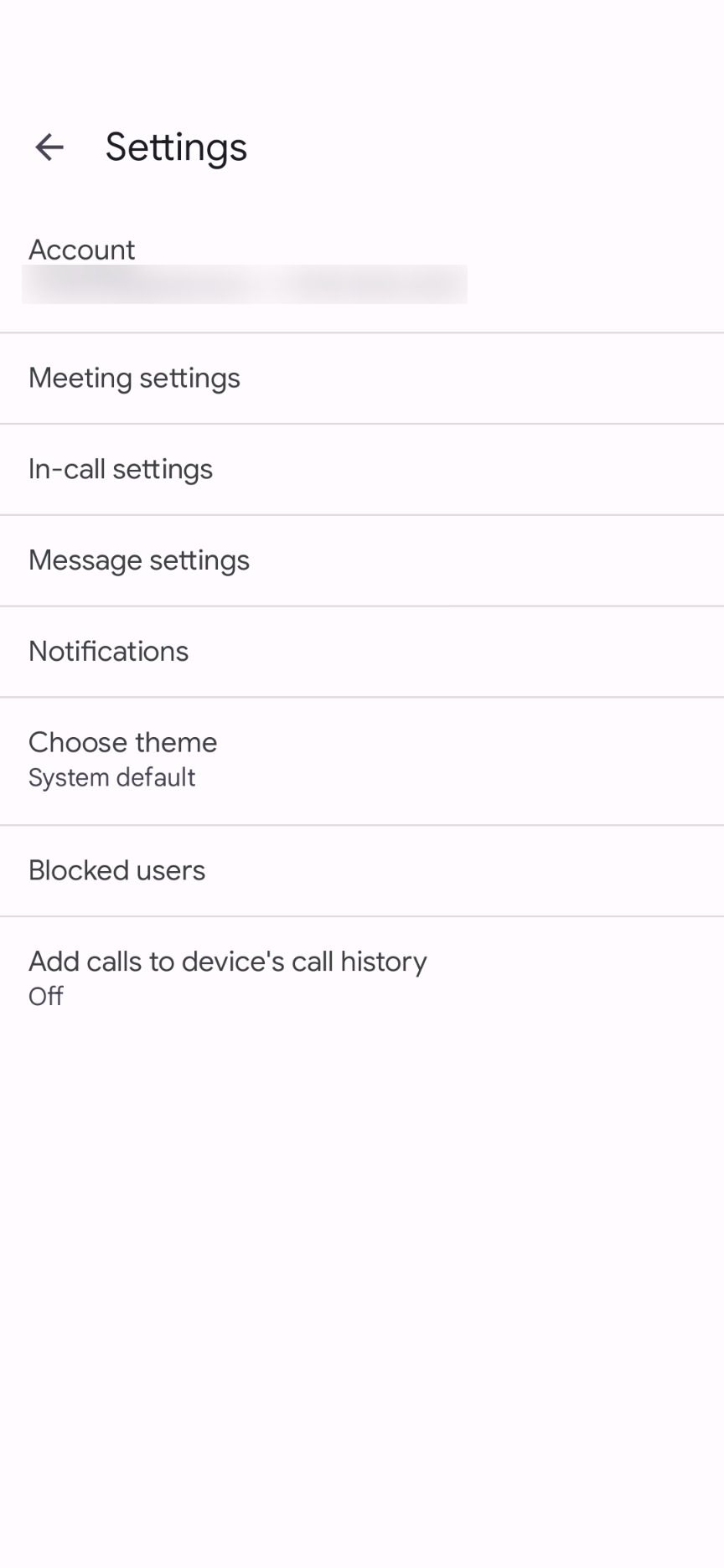 The Google Meet app settings menu.