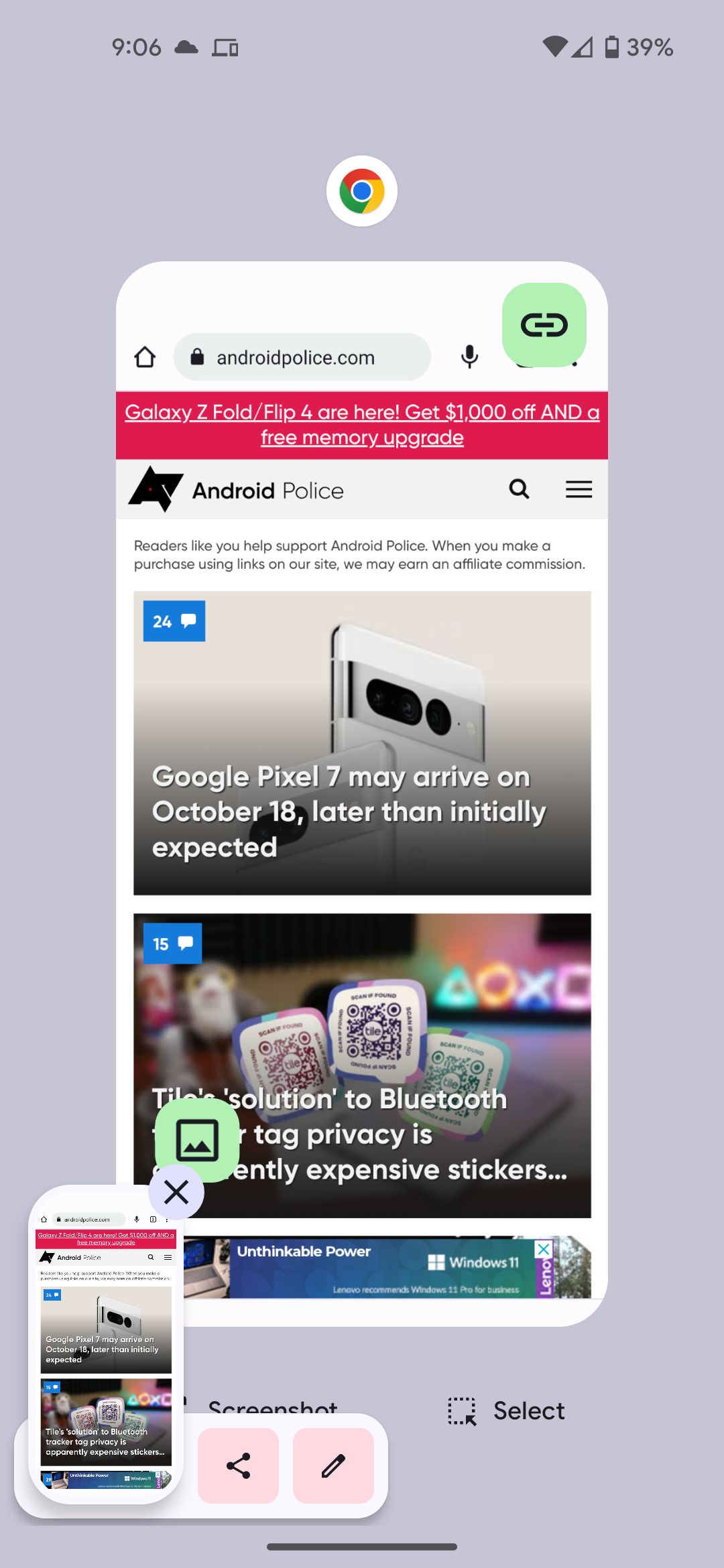 Menu tangkapan layar setelah mengambil tangkapan layar di ponsel Google Pixel dengan situs web Android Police di Chrome di pengalih aplikasi