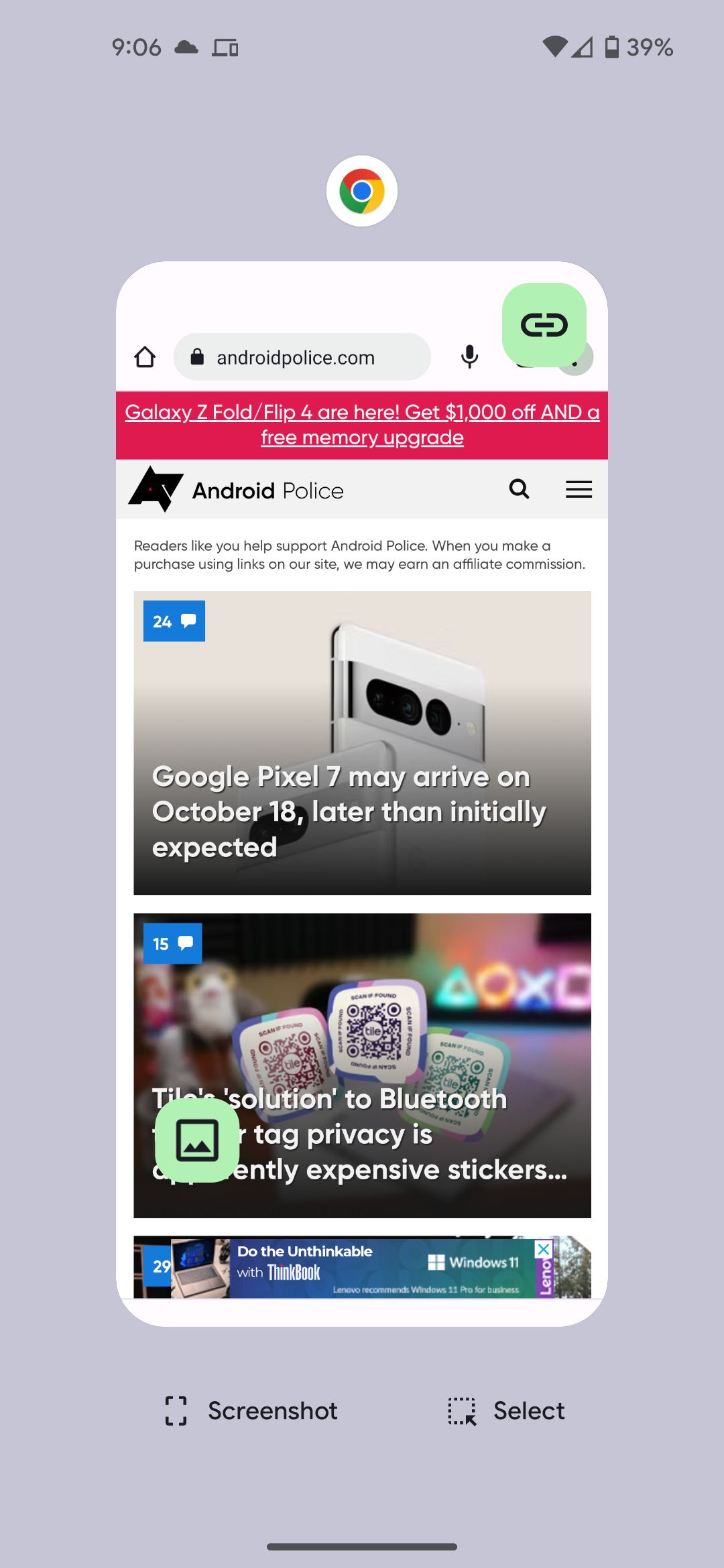 Layar pengalih aplikasi di perangkat Google Pixel dengan situs web Android Police di Chrome sebagai satu-satunya aplikasi yang terbuka