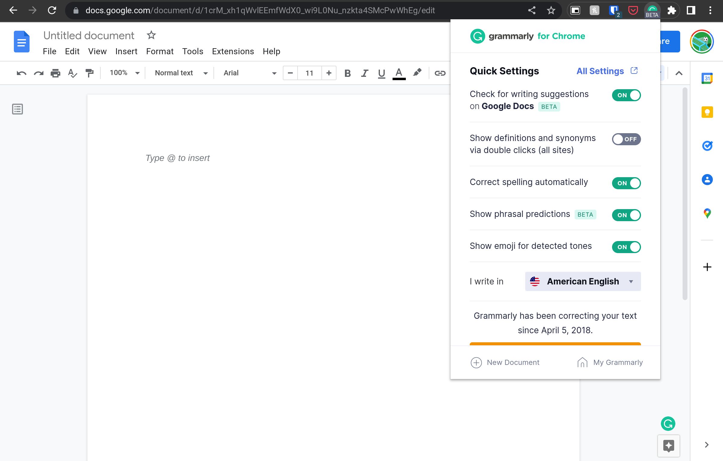 The Grammarly Chrome extension menu open when in a Google Doc