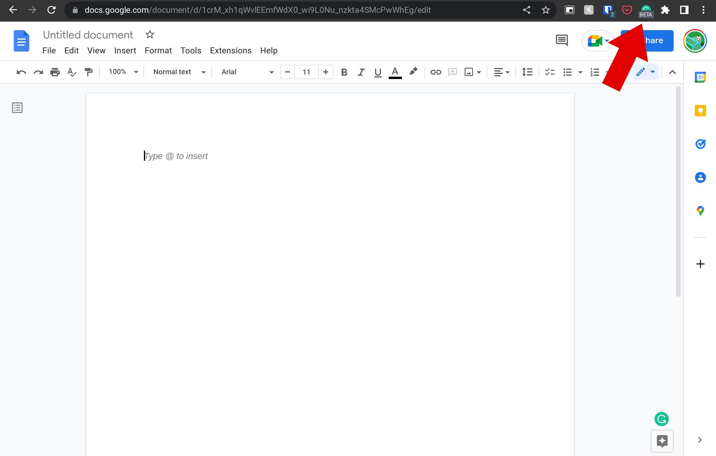 A red arrow pointing to the Grammarly Chrome Extension with a Google Doc open