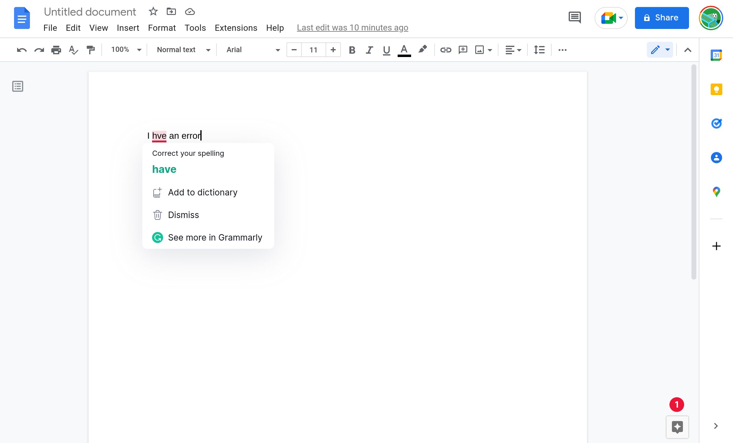 An expanded Grammarly suggestion in Google Docs