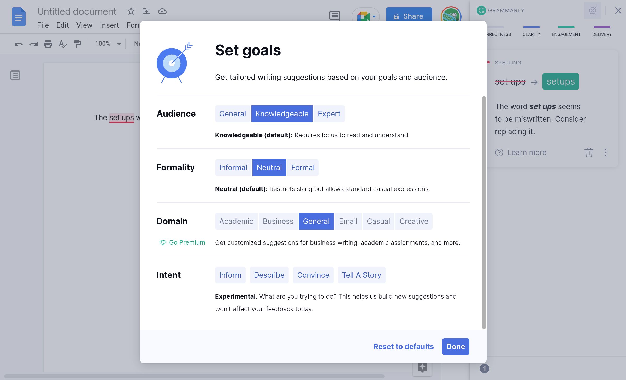 The Grammarly Set goals options in a Google Doc