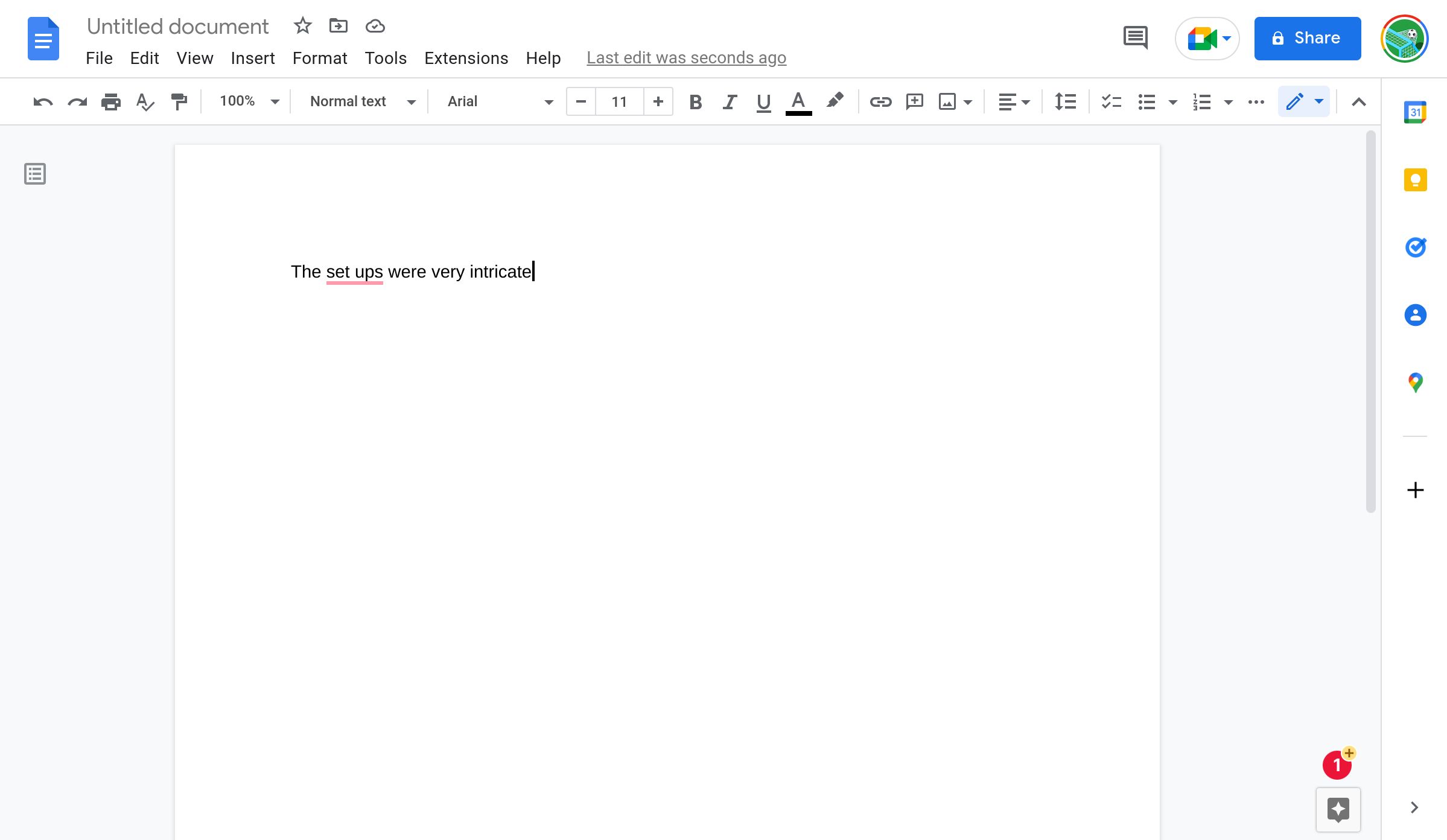 A Google Doc with a red Grammarly icon with a one in it