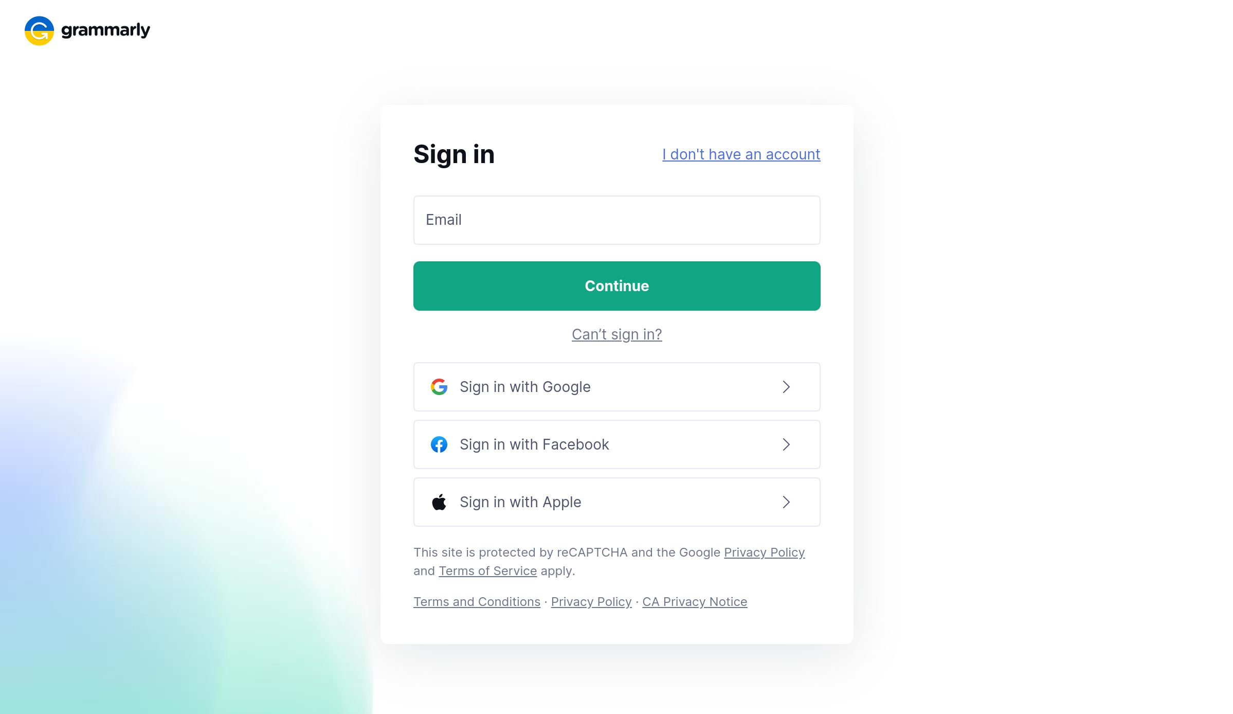 Grammarly sign in or create account page
