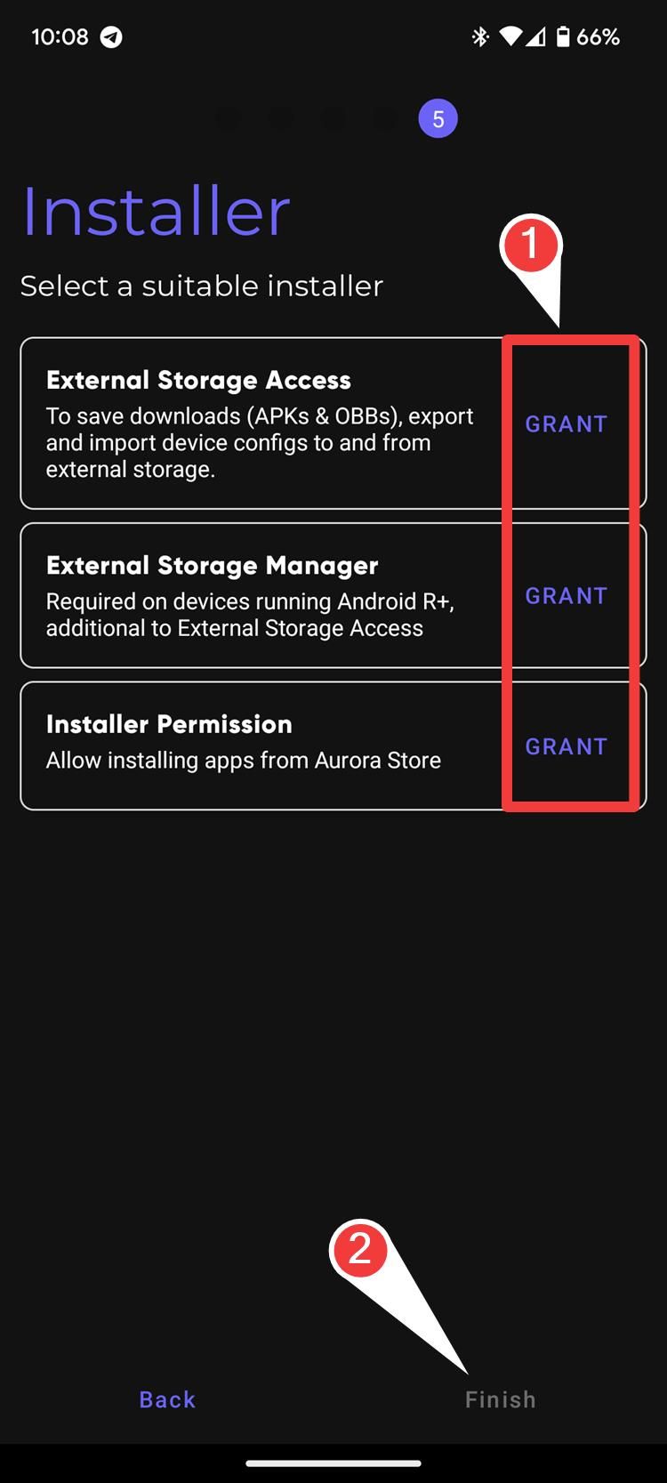 The Installer page in the Aurora Store app with a red box around the Grant buttons to give the app the permissions it needs