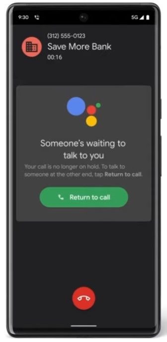 The Hold for Me feature in action on a phone call on a Google Pixel phone.