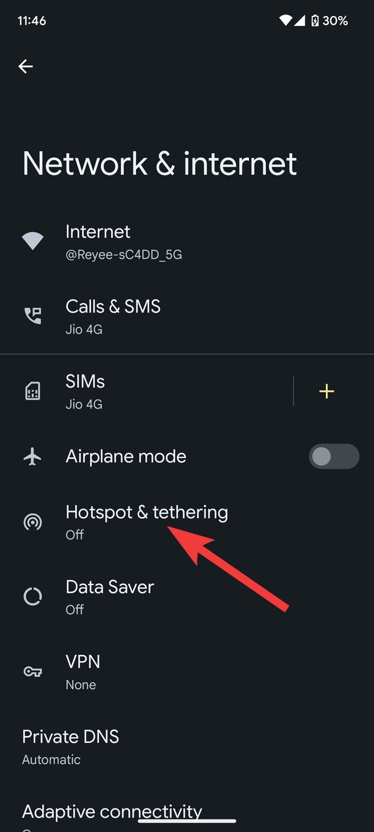 A screenshot of Android settings showing the hotspot and tethering section.