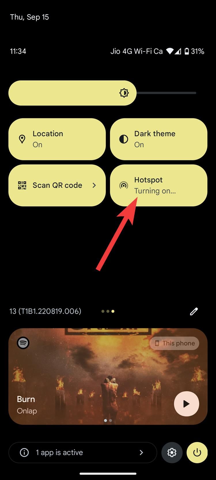 A screenshot of Android's quick settings showing how to enable the hotspot.