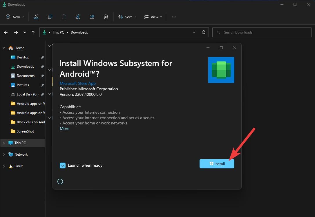 The screen for installing the Windows Subsystem for Android app