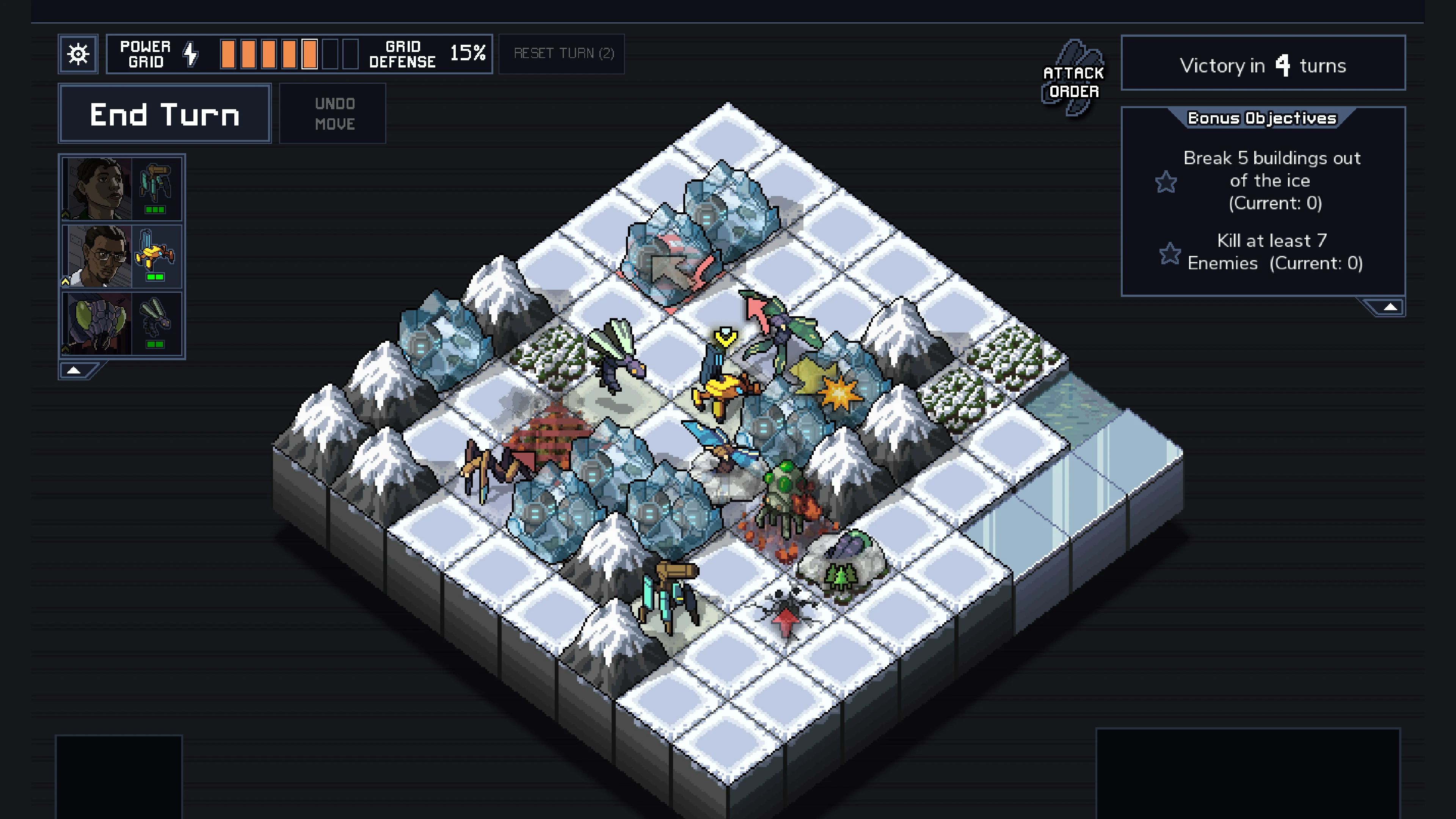 pixel art of icy landscape in isometric view from the Into the Breach game