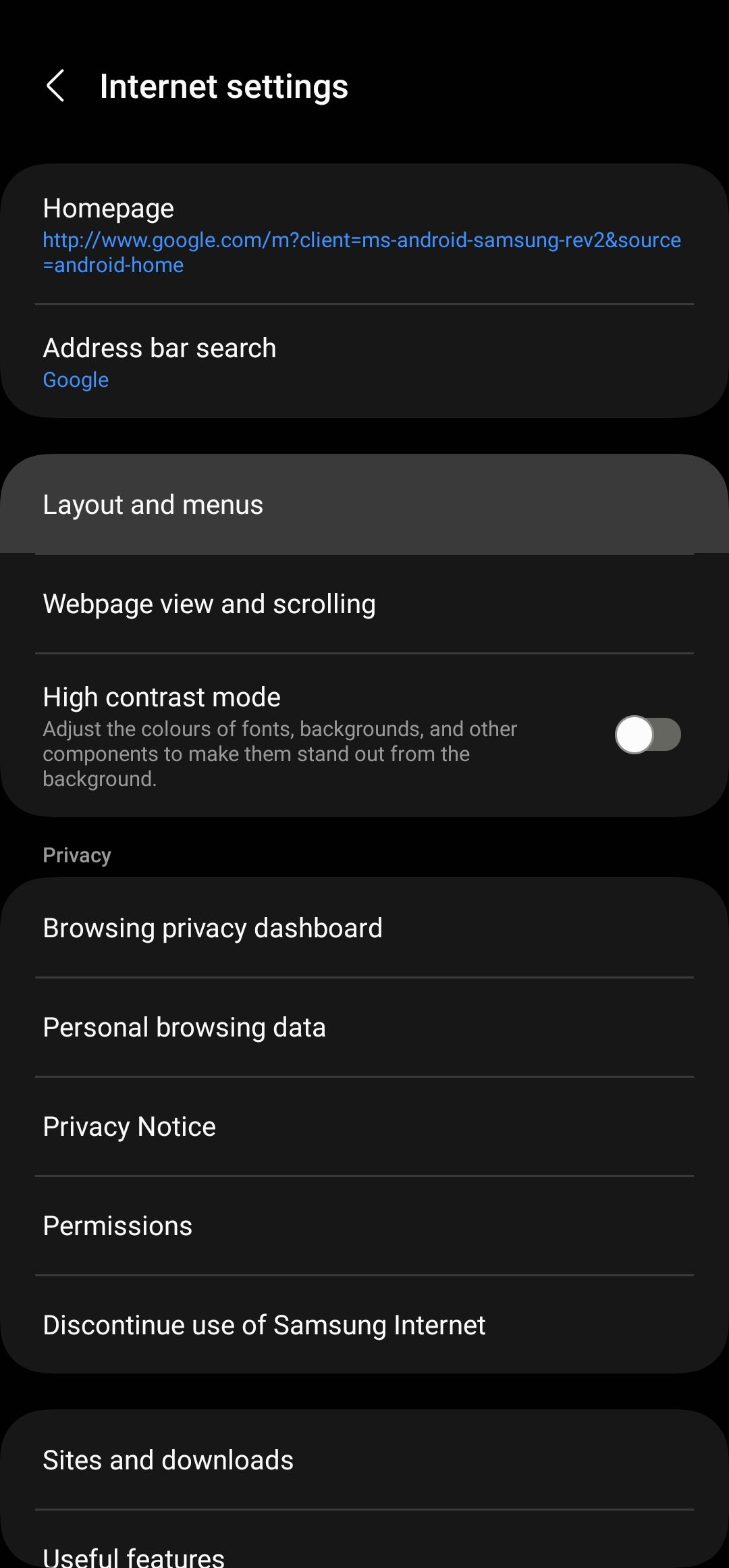 Samsung Internet settings page
