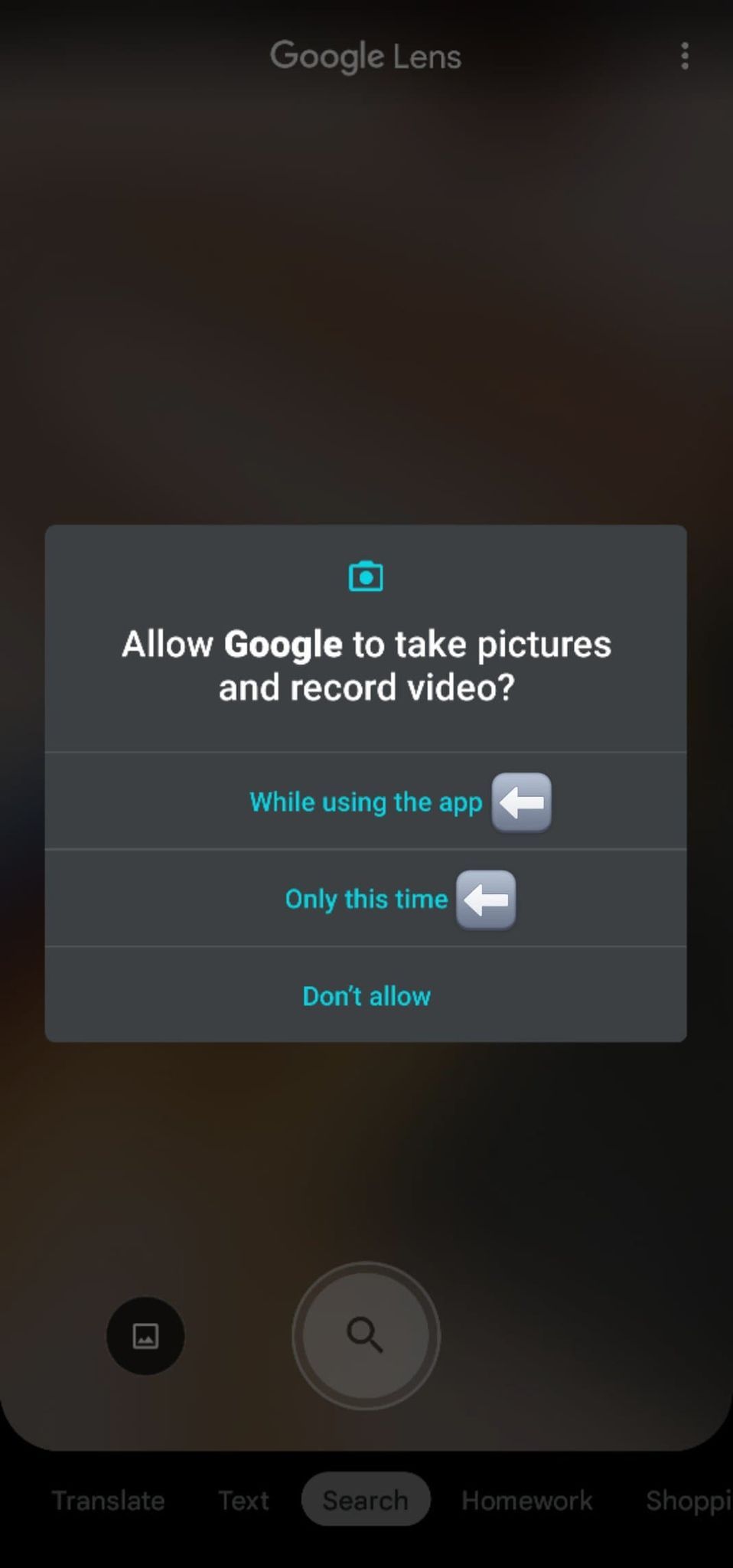 Image shows pop up asking for permission to let Google use the camera app in order to use Google Lens.