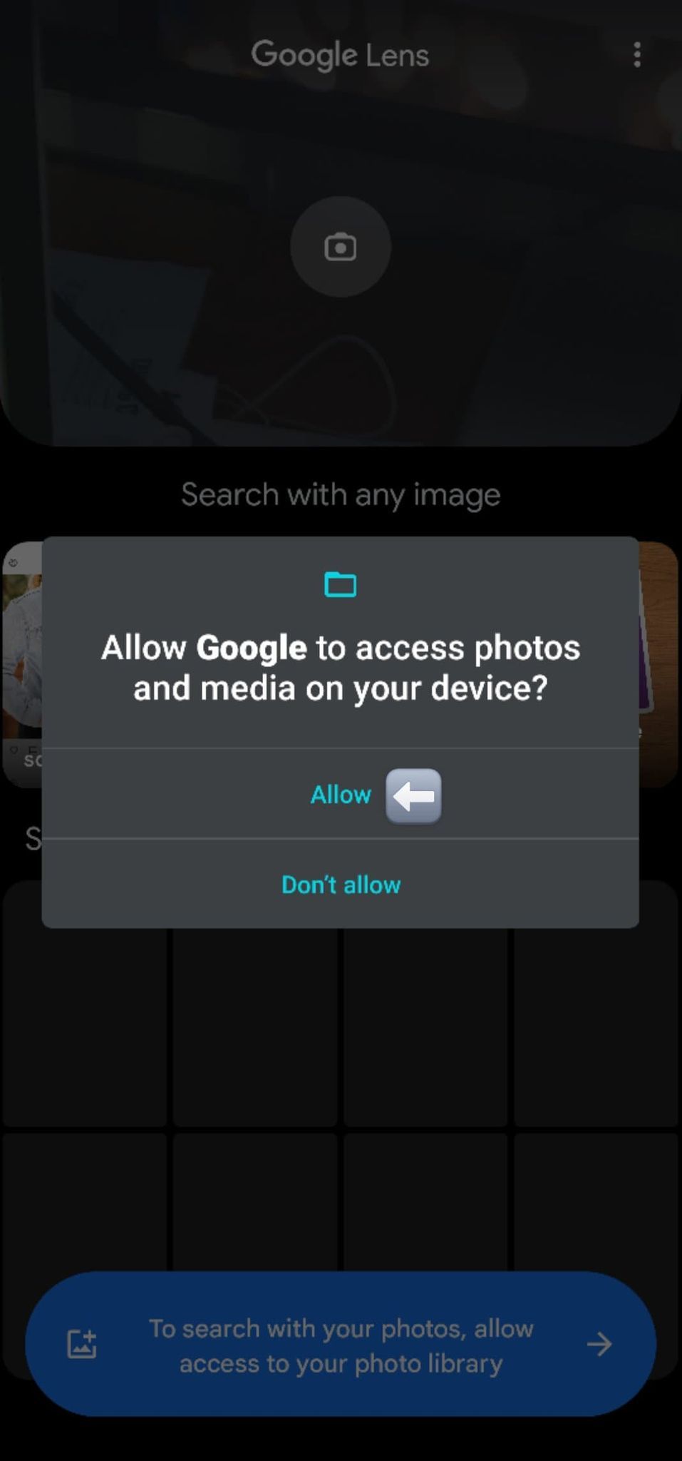 Image shows pop up asking for permission to let Google have access to saved photos in order to use Google Lens.