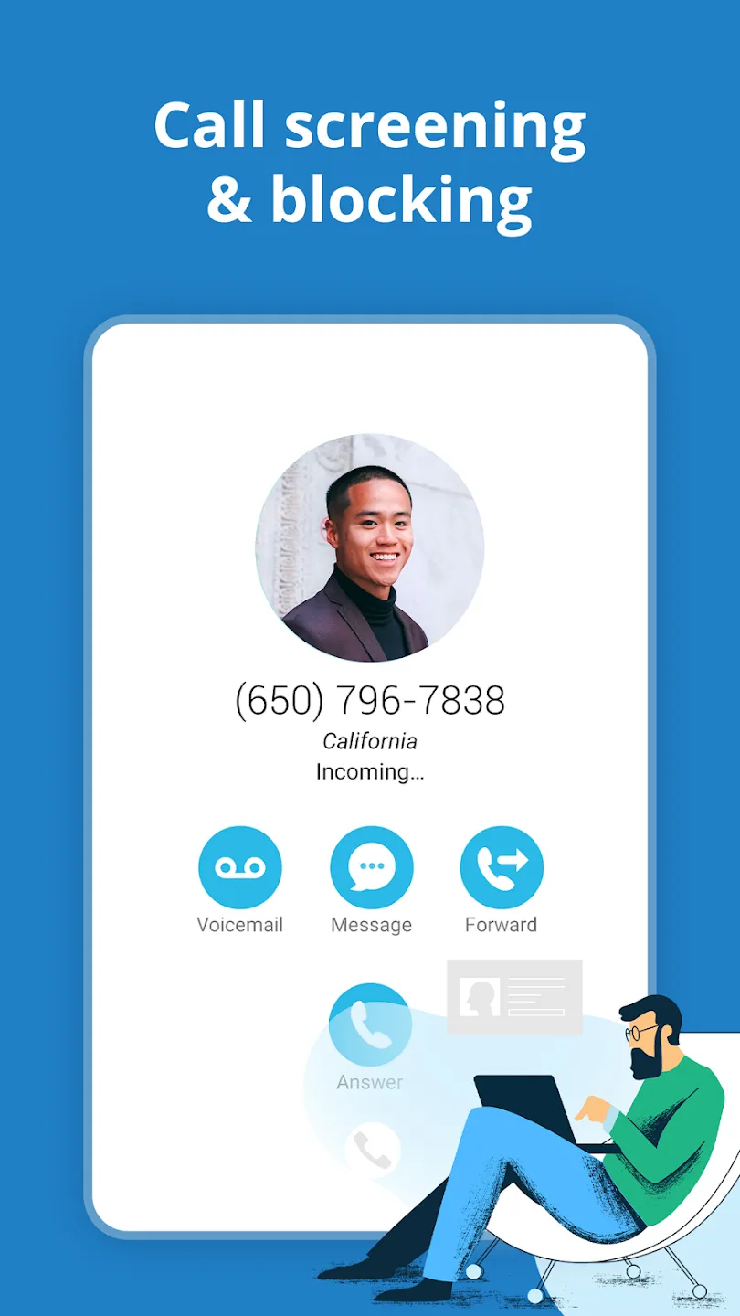 Ilustrasi layar Caller ID dari aplikasi seluler Line2