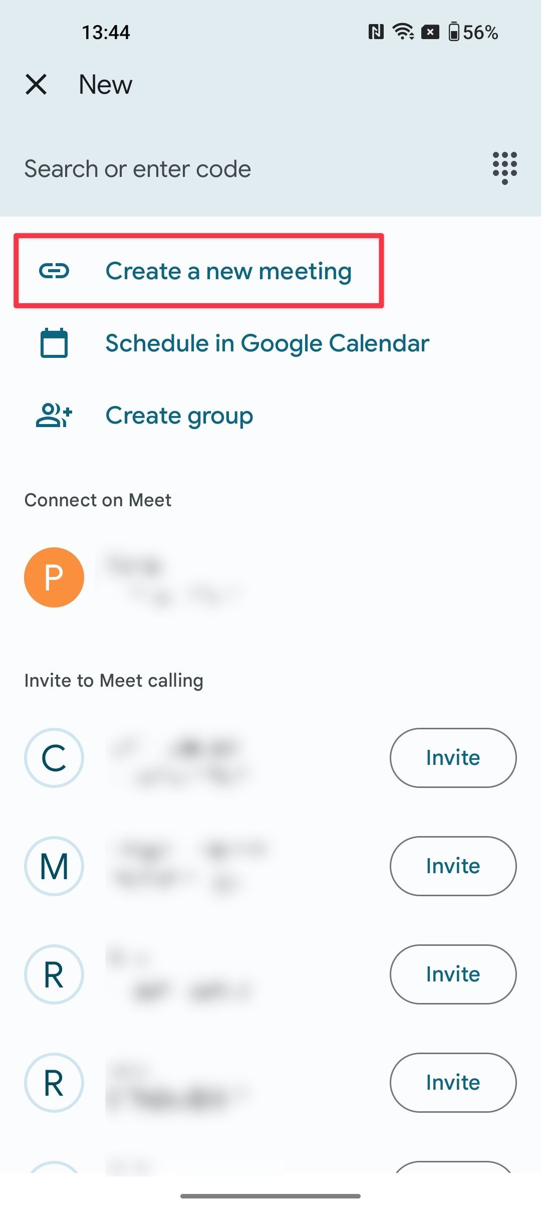 Screenshot showing Google Meet Create a new meeting button