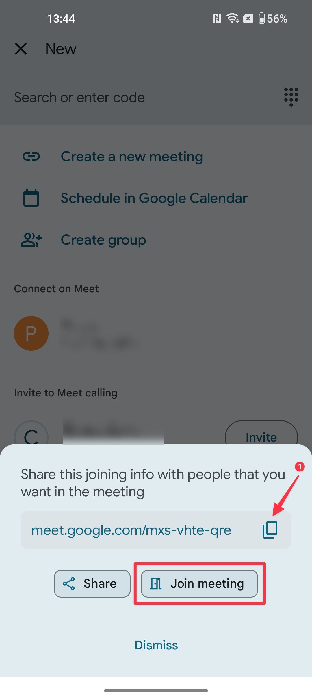Google Meet screenshot showing Join Meeting button