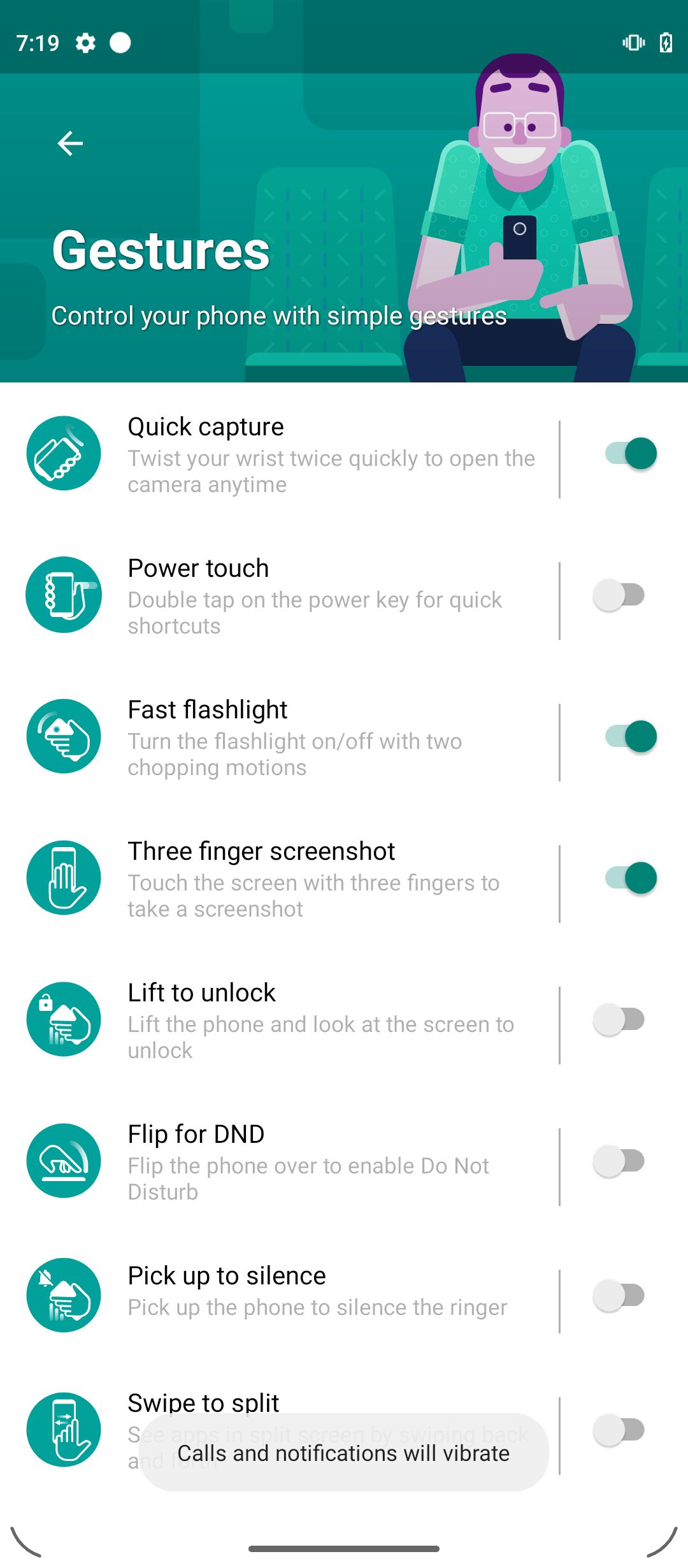 Pengaturan gerakan di aplikasi Moto di ponsel Motorola.