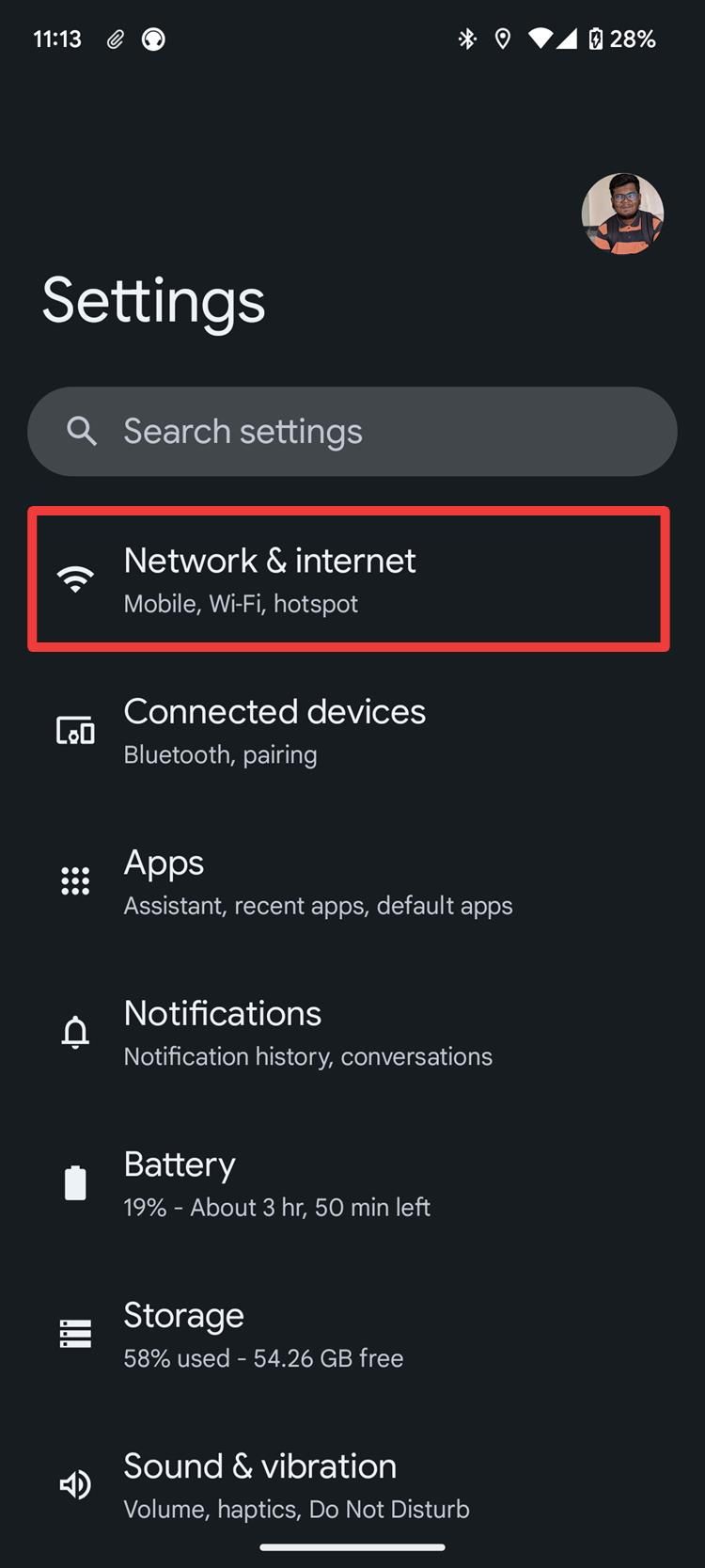 A screenshot of Android settings showing the Network options.