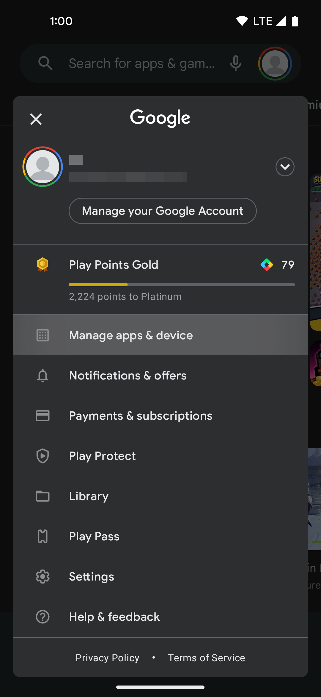 Play Store - Manage apps and device menu