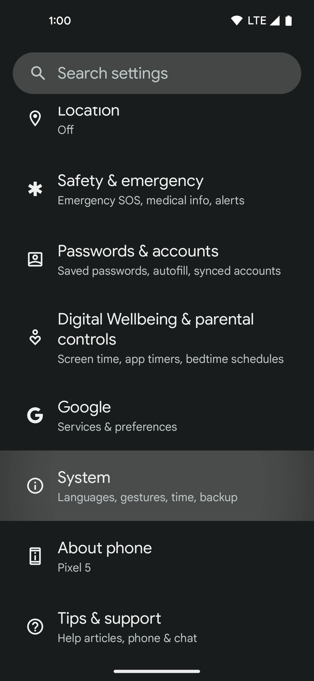 Google Pixel - Settings menu