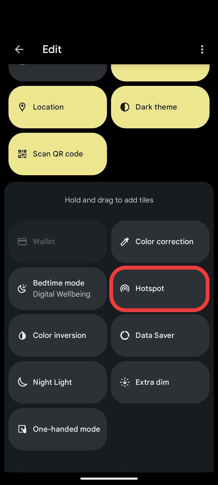 A screenshot of Android's quick settings with the hotspot tile inactive.