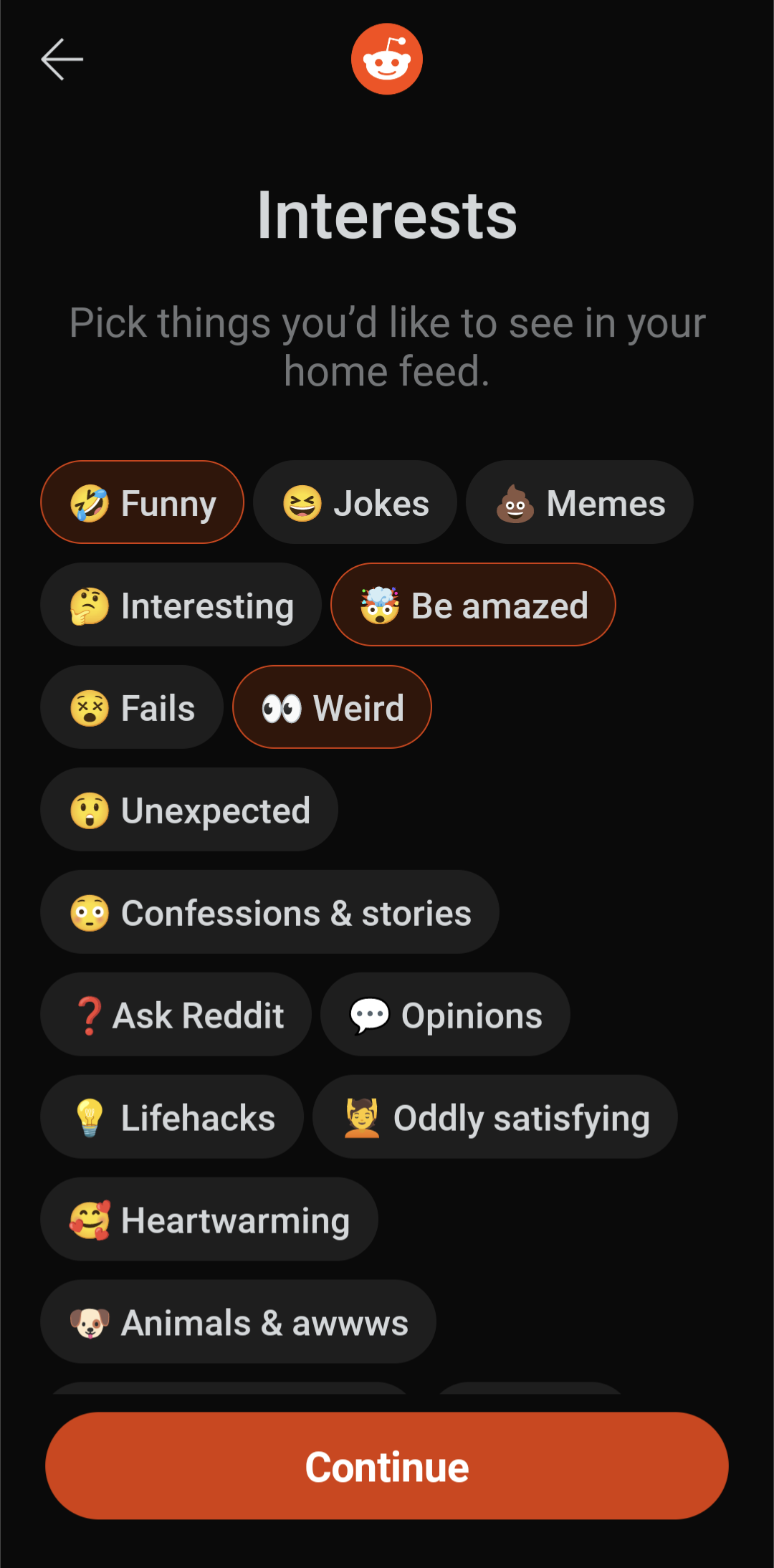 The Interests screen on the Reddit Android app