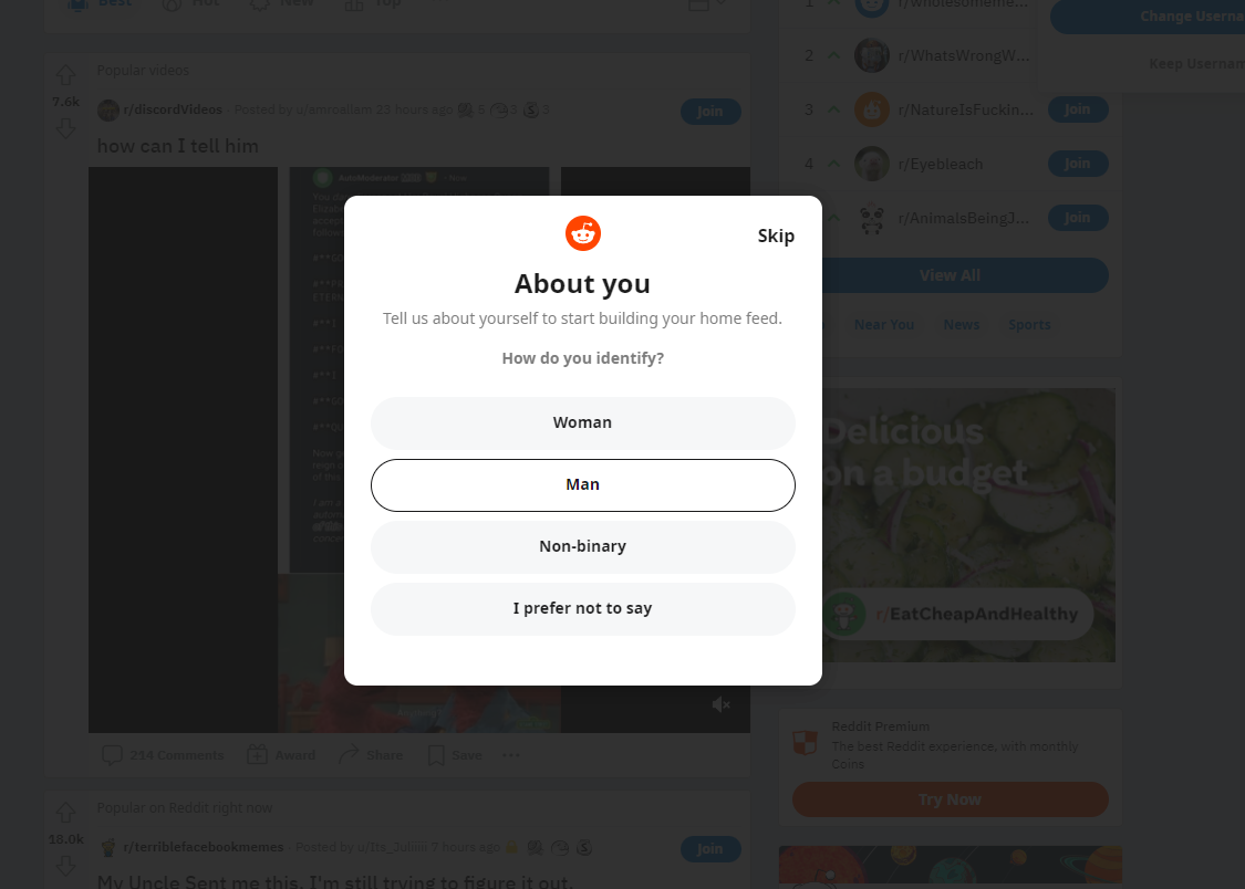 Reddit's About You prompt asking about gender identity 