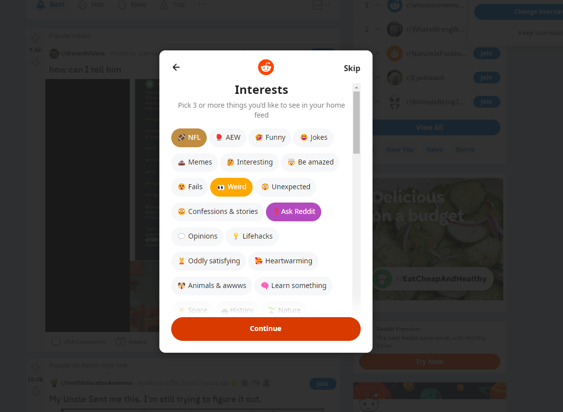Reddit's Interests selection screen for new accounts