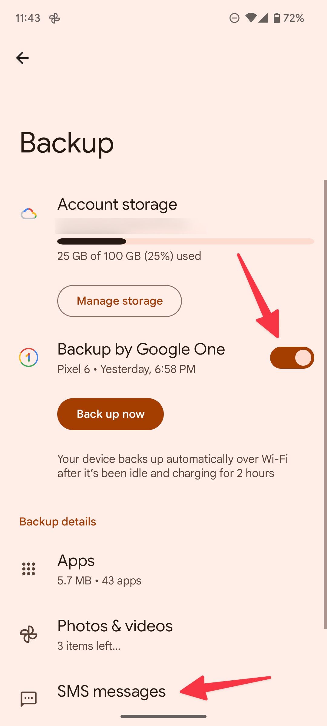 The Backup settings in Android with an arrow pointing to the 'Backup by Google One' toggle.