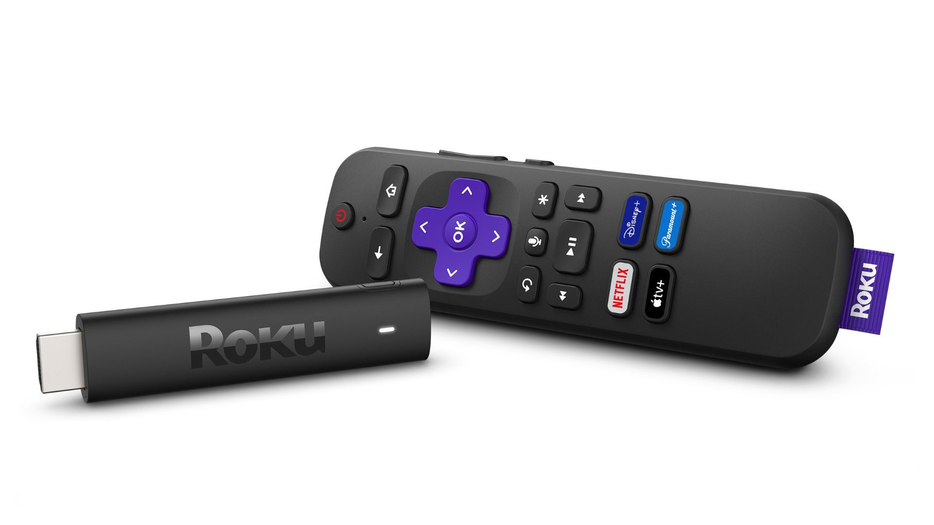 A Roku Streaming Stick 4k next to a Roku voice remote on a white background