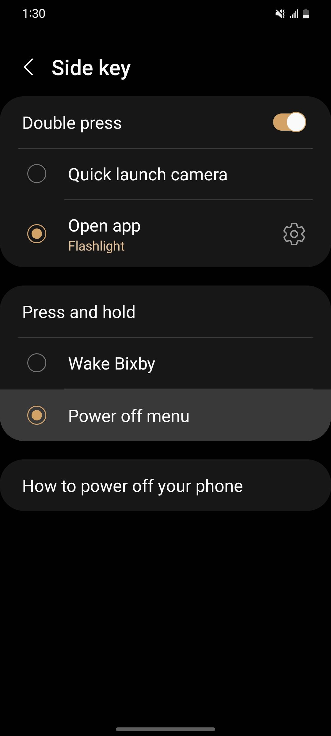 Menonaktifkan Bixby di ponsel Samsung Galaxy dengan memilih pengaturan menu Matikan