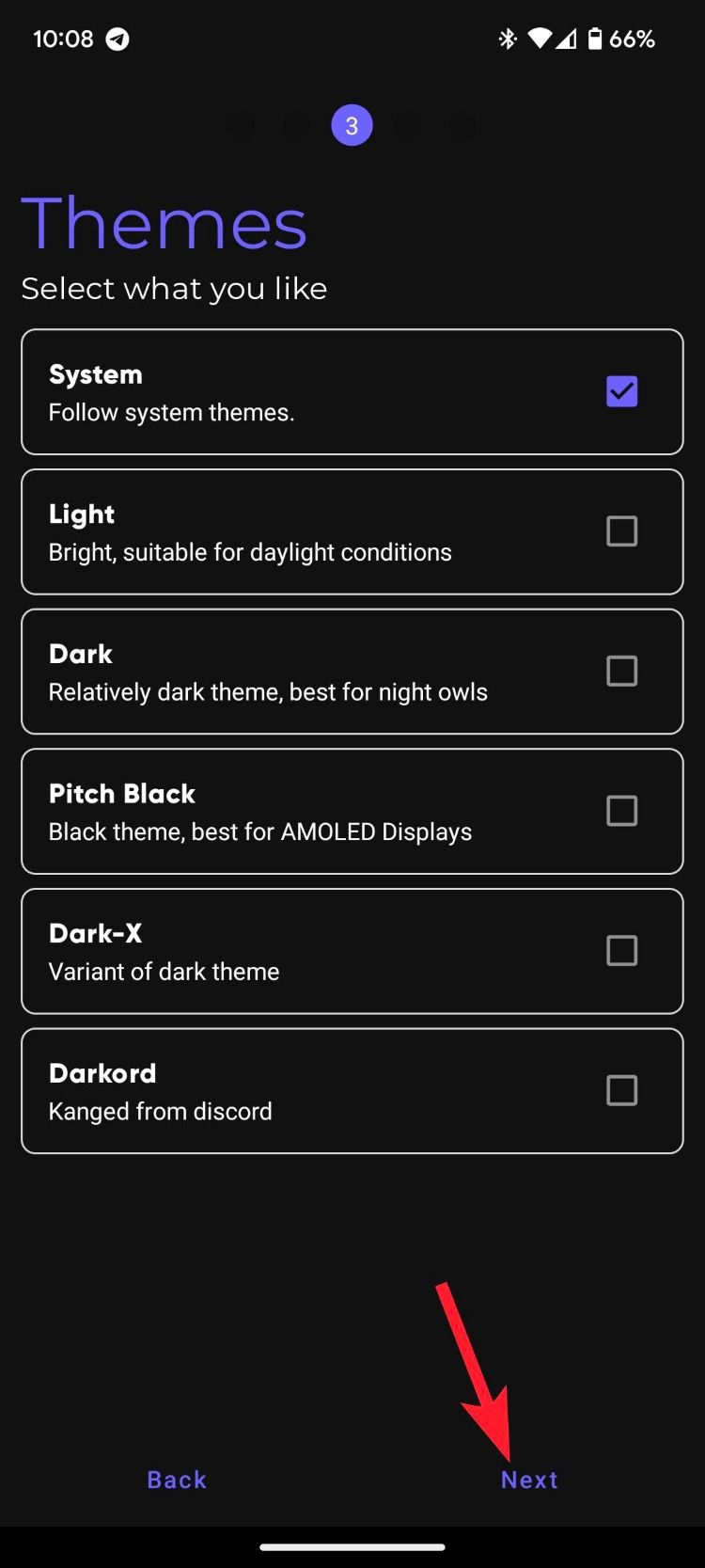 The Themes page in the Aurora Store app with the System option selected and a red arrow pointing to the Next button