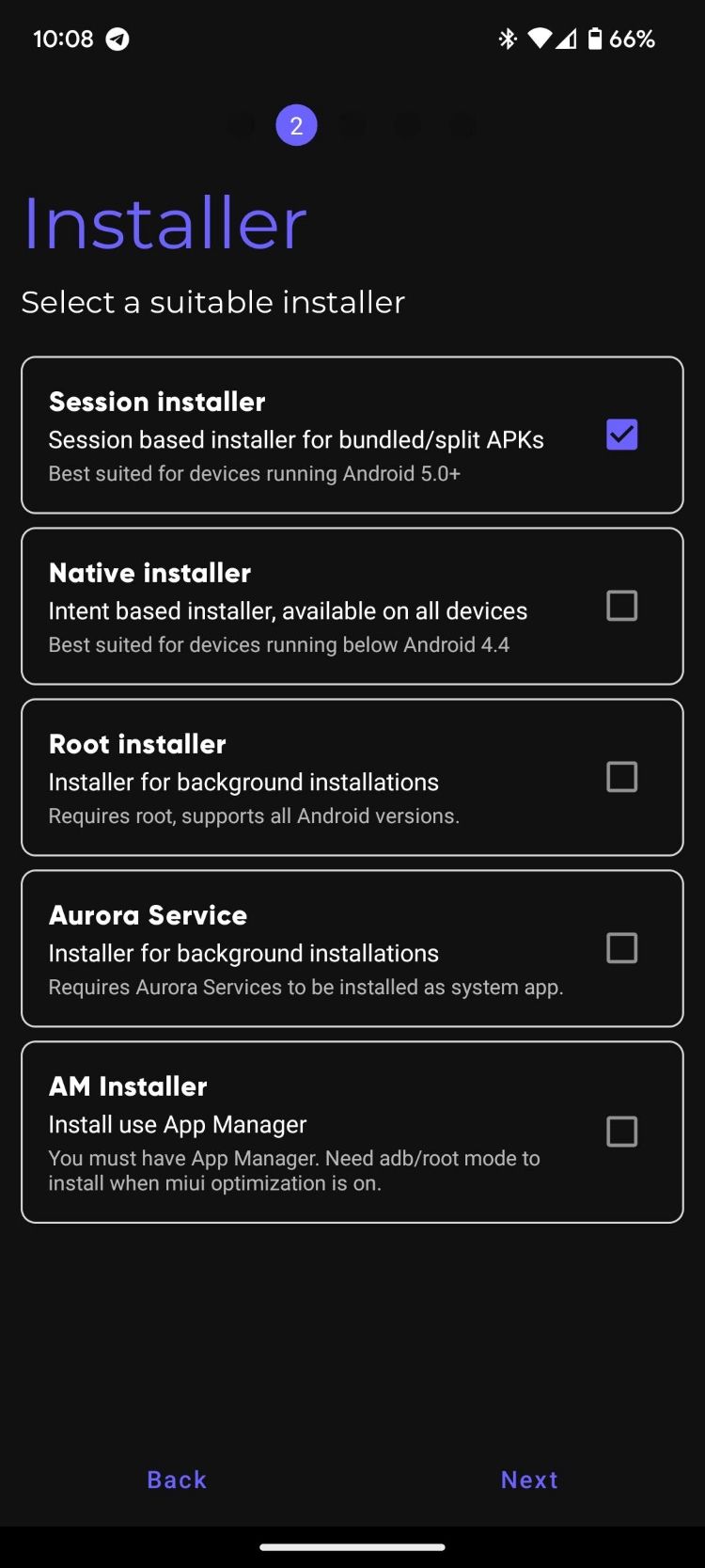 The Installer page in the Aurora Store app with the Session installer selected
