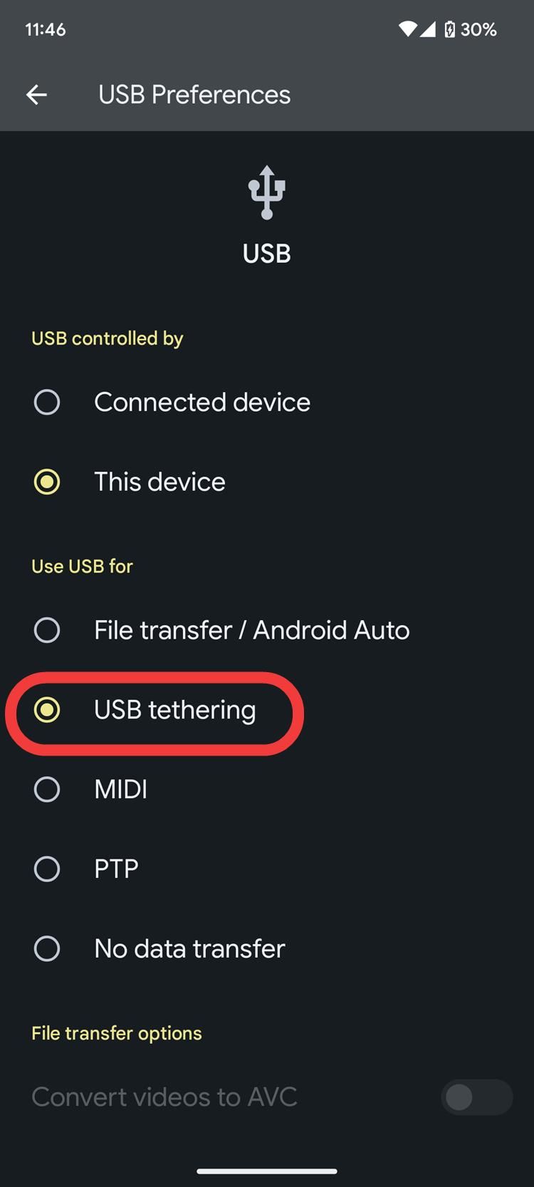 A screenshot of Android settings how to select USB tethering.