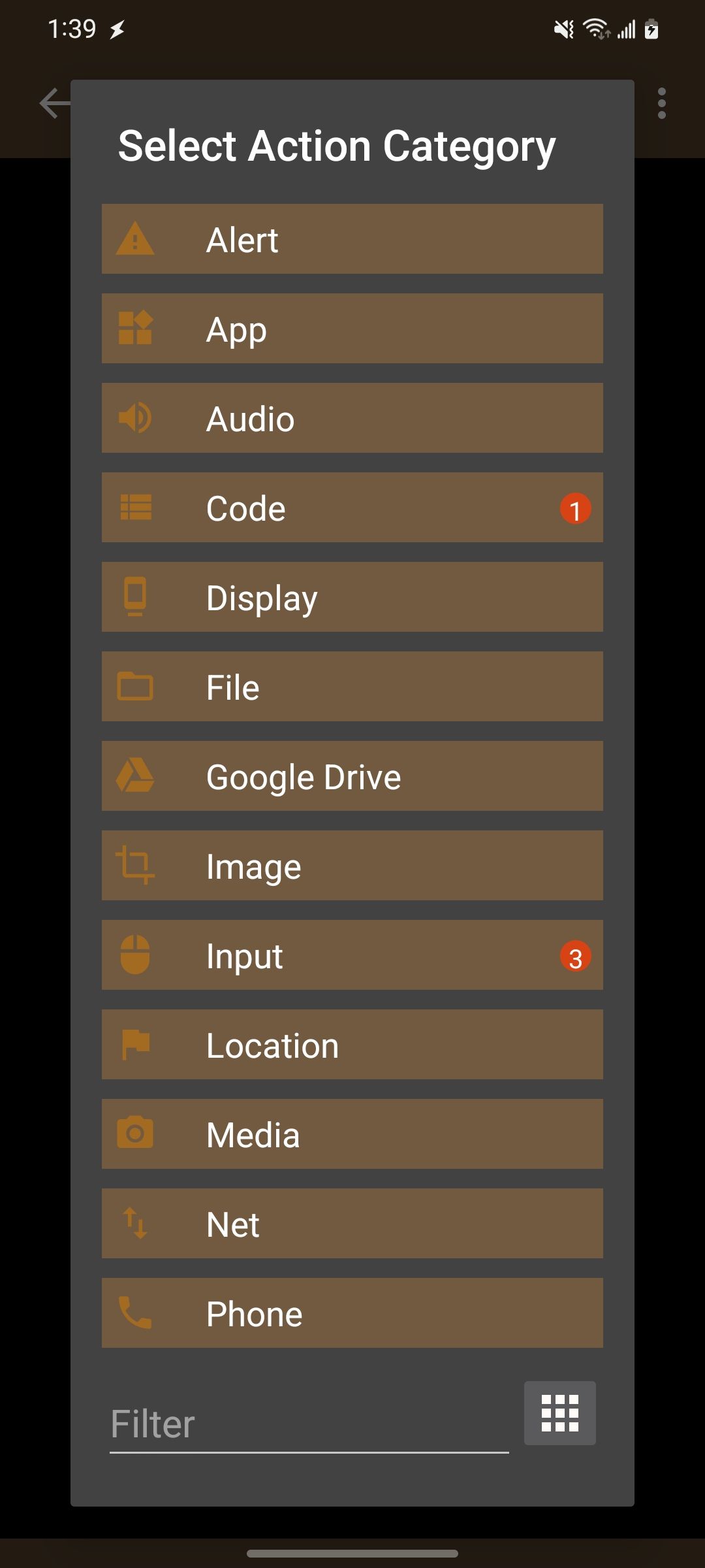 The main screen for selecting which action to use in the Tasker app