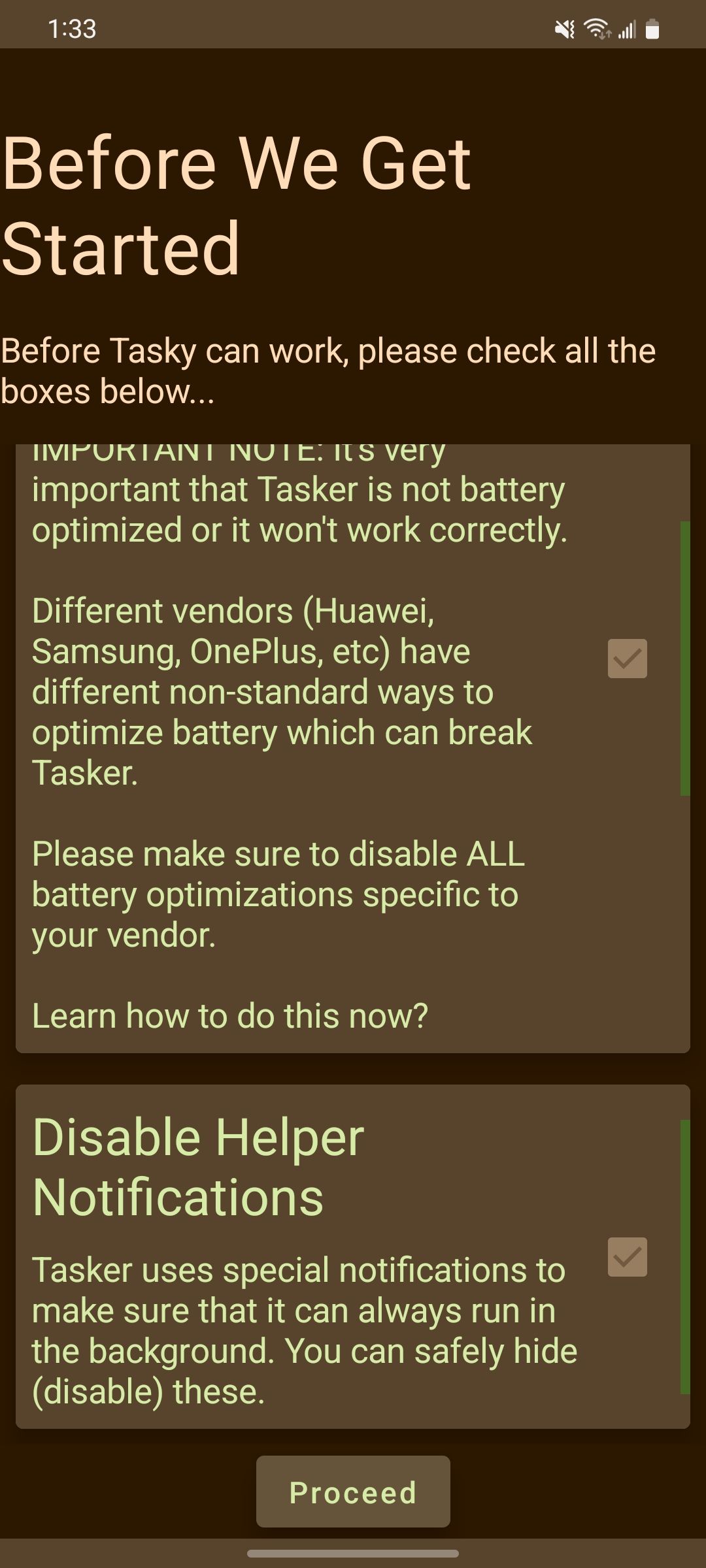 Finishing up the Tasker setup process before getting to the main screen