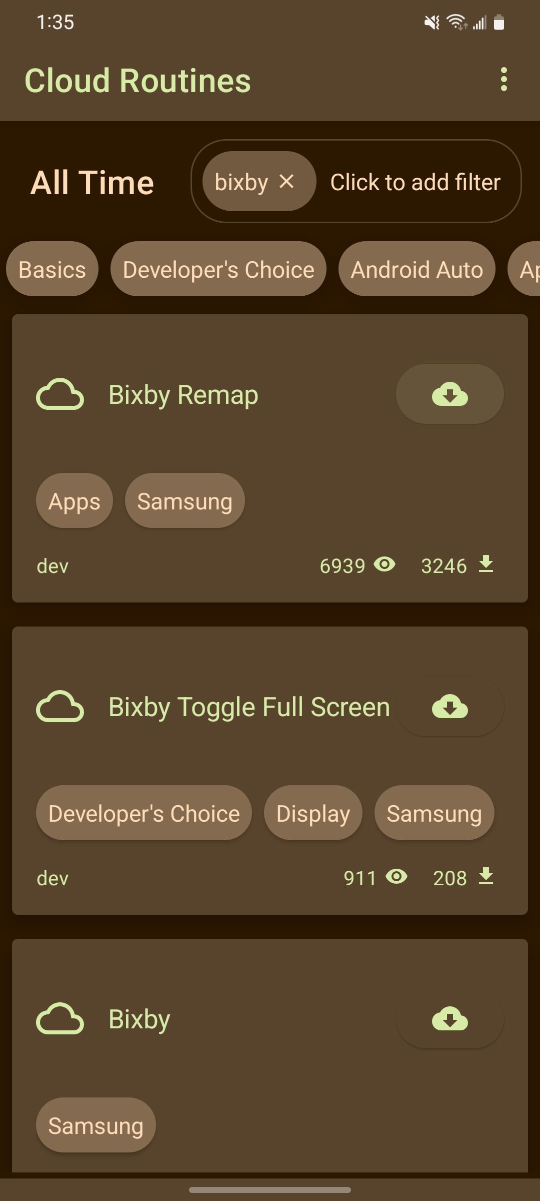 Searching for and getting ready to download the Bixby Remap routine in the Tasker app
