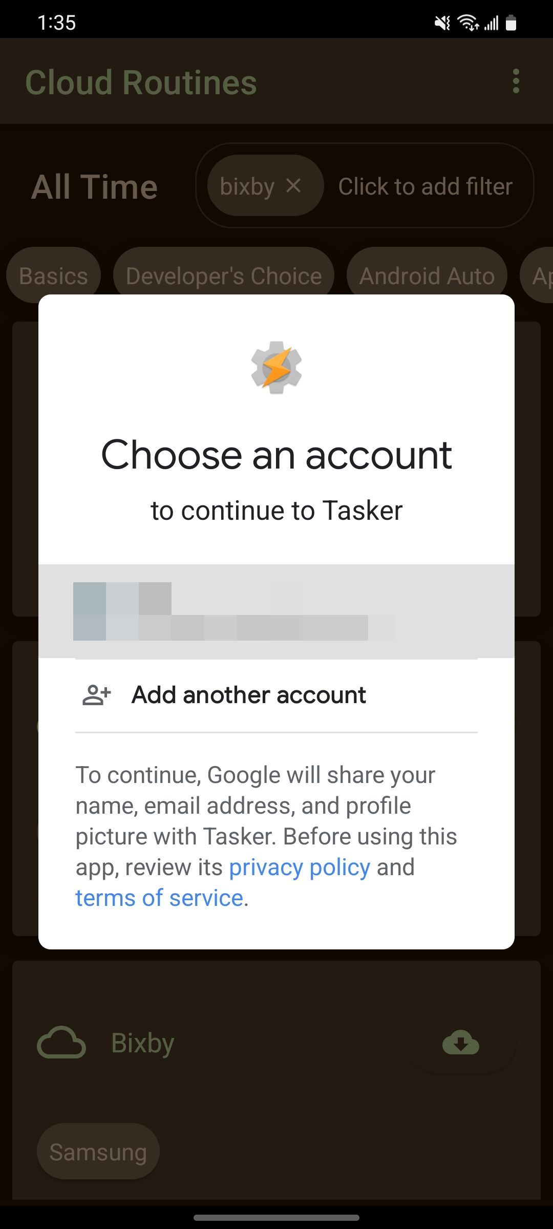 Choosing which Google account to sign in with on the Tasker app